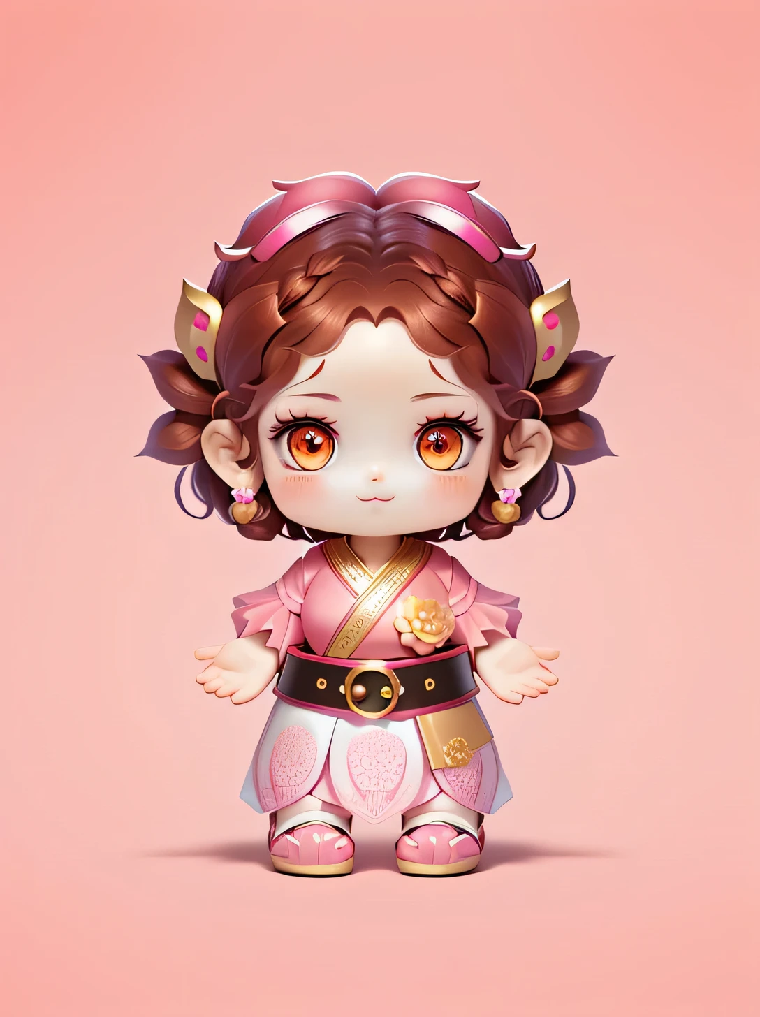 Cartoon girl with pink flower hair and pink dress, palace ， cute，cute，Blind Box，Lotus Monster，Pink clothes，belt，Wearing a lotus flower on his head，There are no complicated patterns on the clothes，Lotus pattern on forehead，Brown hair，braid，Yellow and pink gradient lotus leaf sleeves，Lotus Petal Skirt，Dark pink shoes，Pure white background，Red-pink eyes，No obvious tendency of lighting，Blind Box，cute，Show your ears，Wearing a lotus flower on his head，Brown hair，