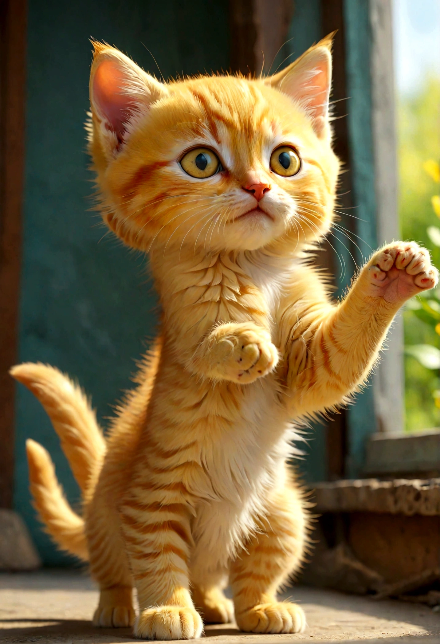 Cute yellow kitten raising its left hand and looking straight ahead , stand up ,