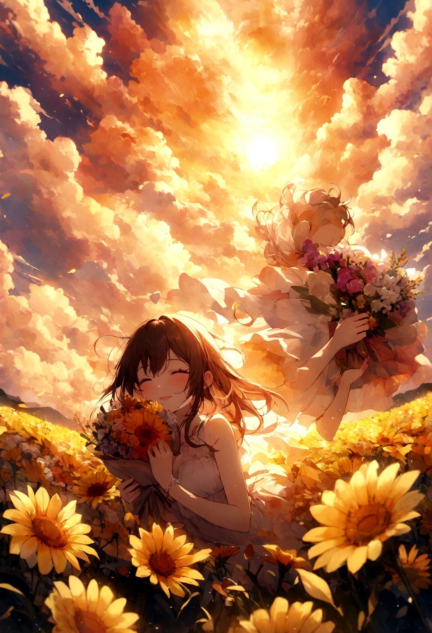 bouquet、Flower Field、bless、Toast、Euphoria、happiness, , pixiv Contest Winner,, Beautiful flowers dye the sky, glowing clouds, Burning Clouds、Aroma oil product design、orange、yellow