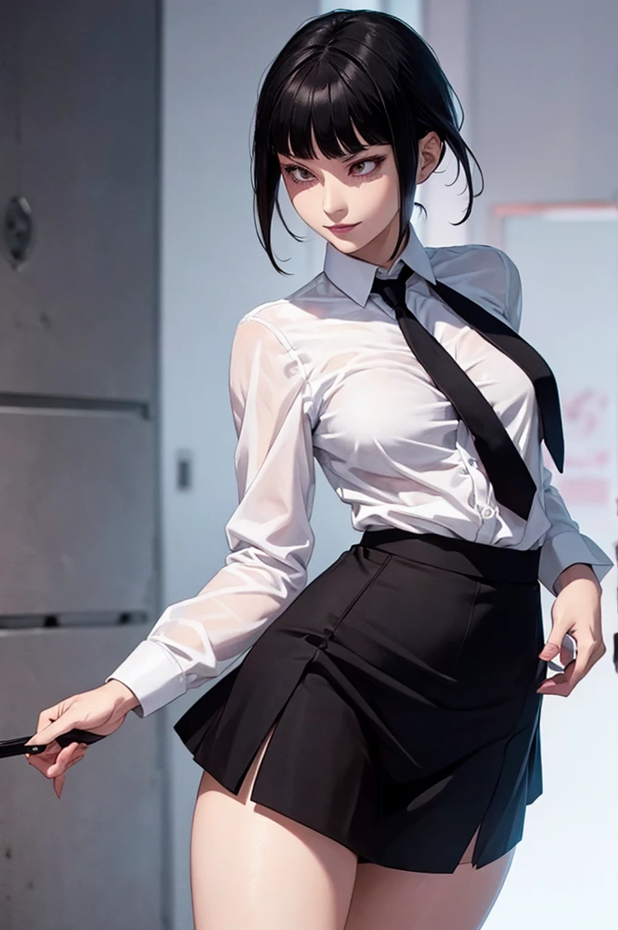 juri han, work of art, tight white secretary shirt with black tie, black high waist skirt, short skirt, short hair, black hair, black tights evil smile,brava
olhando para frente,solo