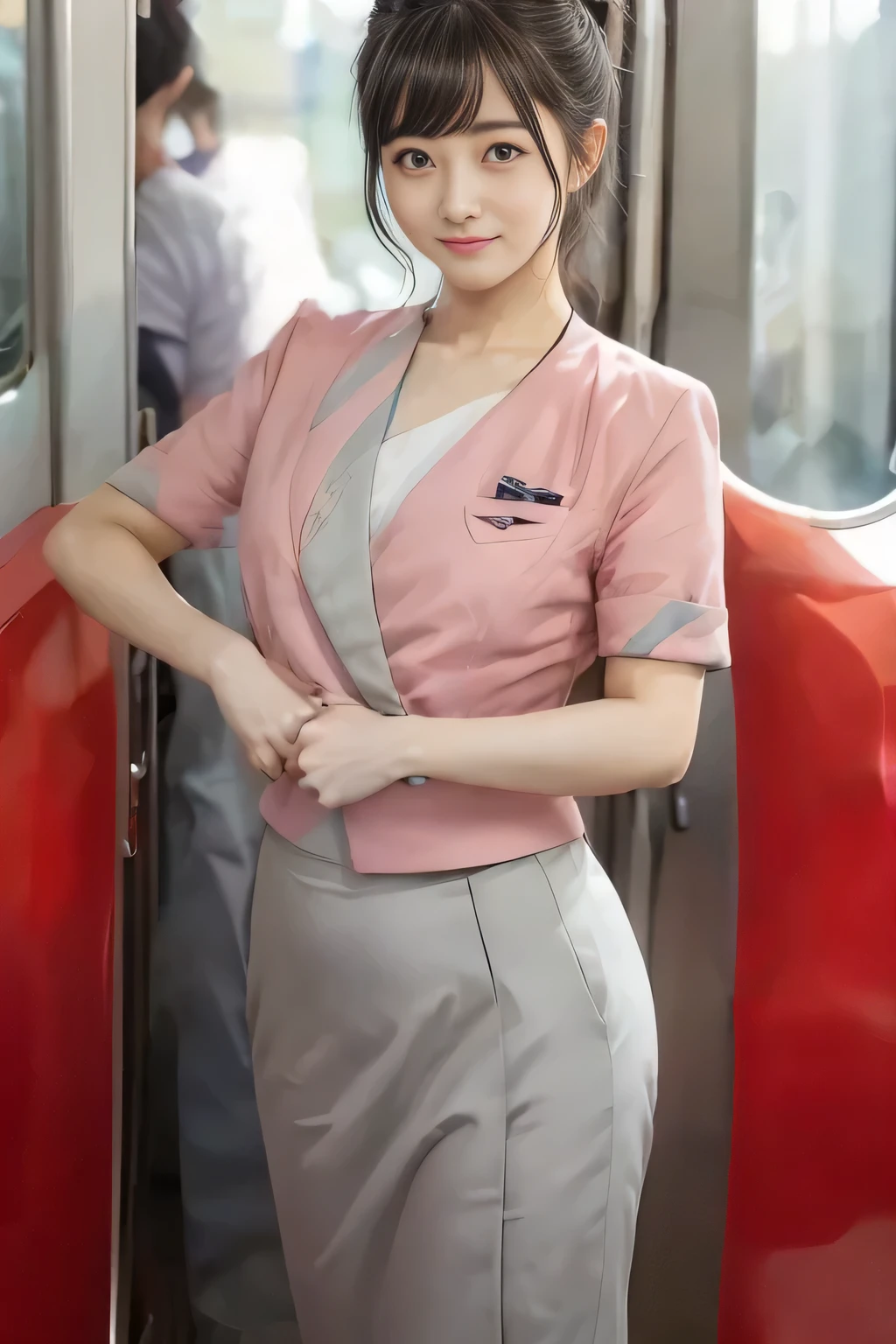 (masterpiece:1.2, highest quality:1.2), 32K HDR, High resolution, (alone、1 girl)、（On the rooftop of a building in the daytime、Professional Lighting）、Building rooftop background、（Nankai train crew uniform pinkを着たリアルスタイル）、（Nankai train crew uniform pink short sleeve pink jacket、Nankai Train Crew Uniform Pink Collarless Short Sleeve Blouse、Nankai Train Crew Uniform Pink Grey Knee-length Culottes）、Dark brown hair、（Hair tied up、Hair Bun、Hair Bun）、Dark brown hair、Long Shot、Big Breasts、Thin legs、（（Great hands：2.0）），（（Harmonious body proportions：1.5）），（（Normal limbs：2.0）），（（Normal finger：2.0）），（（Delicate eyes：2.0）），（（Normal eyes：2.0））)、smile、（Nankai Train Crew Uniform Pink Grey Knee-length Culottesを見せた美しい歩く姿）、Place your hands around your stomach