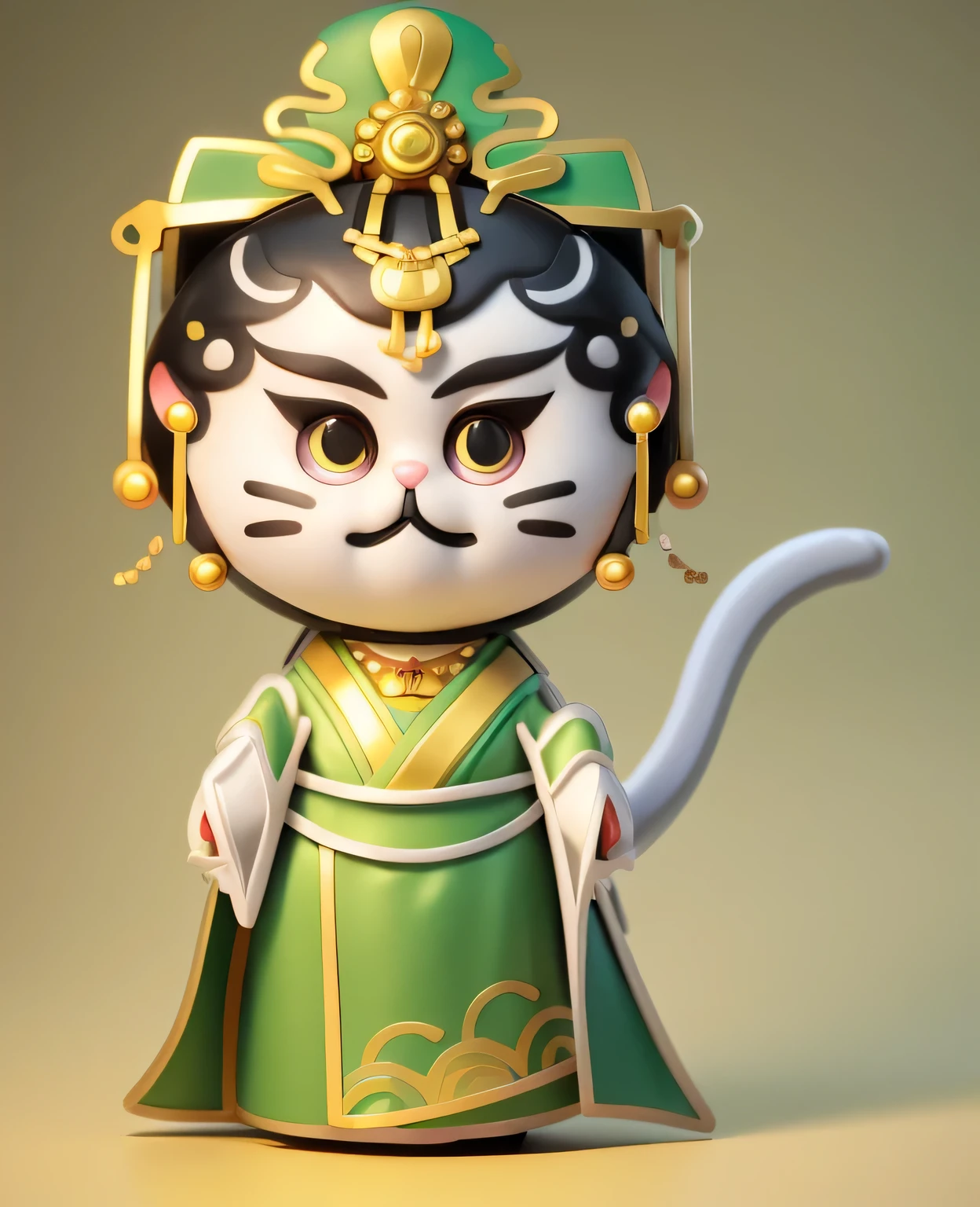 Blind box toy style,A cute anthropomorphic kitten,Cute Cantonese opera style face,Like Cantonese opera blush,Willow Leaf Eyebrows,Round eyes,Have a thin beard,Wearing yellow Hanfu,Green ribbon accessories,Black hair,Wearing gold and silver jewelry,Red gemstone,Cat ears,ip,IP image design,Cat's tail behind,Wearing Hanfu soft silk,Expensive Hanfu,