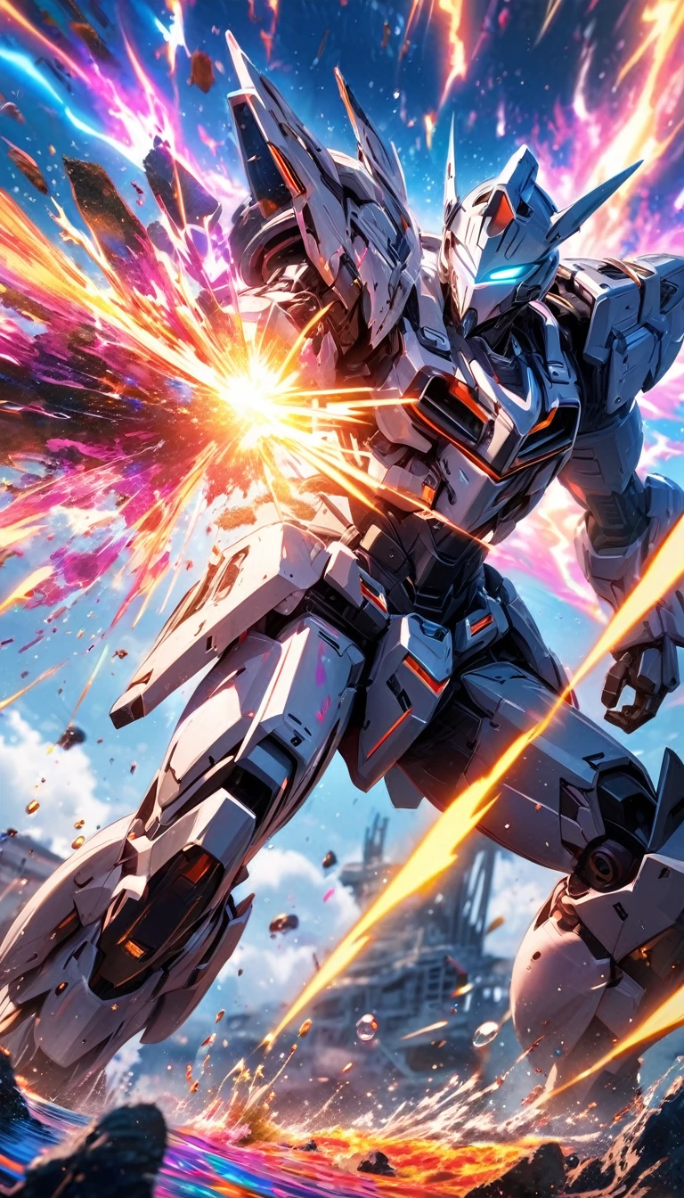 absurdres, highres, ultra detailed, HDR, masterpiece, extremely detailed face and eyes,White Mecha Knight , Mecha Knight mask, ,solo, man, handsome, ,Mecha armor, , Epic fight scene, colorfull lightning effect, glowing glitters, full effect, full colorfull, colorful water splashing effect, colorful lava splashing effect, galaxy effect