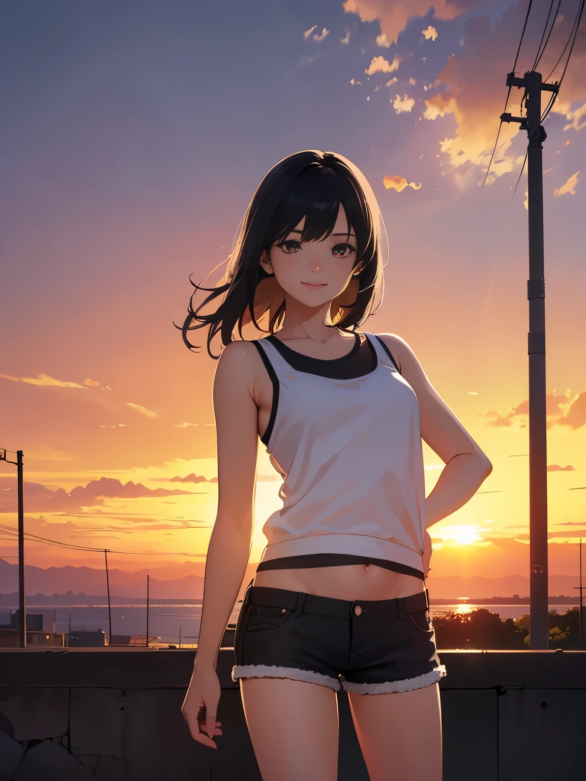 One girl, Photo Model, smile, Focus on your audience, Beautiful lighting, highest quality, masterpiece, Ultra-high resolution, Realistic, Black Hair, Short tank top, Shorts, Long Stockings, Medium chest, White skin,( Sunset background:1.4)