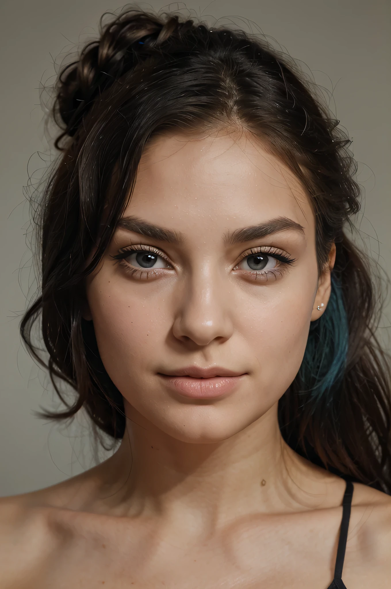 A girl with long blue hair, gathered in a messy bun. Her face is delicately sculpted, with high cheekbones and smooth, fair skin. Her large black eyes, framed by long, thick lashes, are striking and expressive, exuding calm and confidence. Well-defined eyebrows arch gracefully over her eyes, adding intensity to her gaze. She has a small, straight nose and full, slightly parted lips that curl into a slight smile, revealing hints of mischief and allure. Her sharp, well-defined jawline gives her face a refined and elegant appearance.