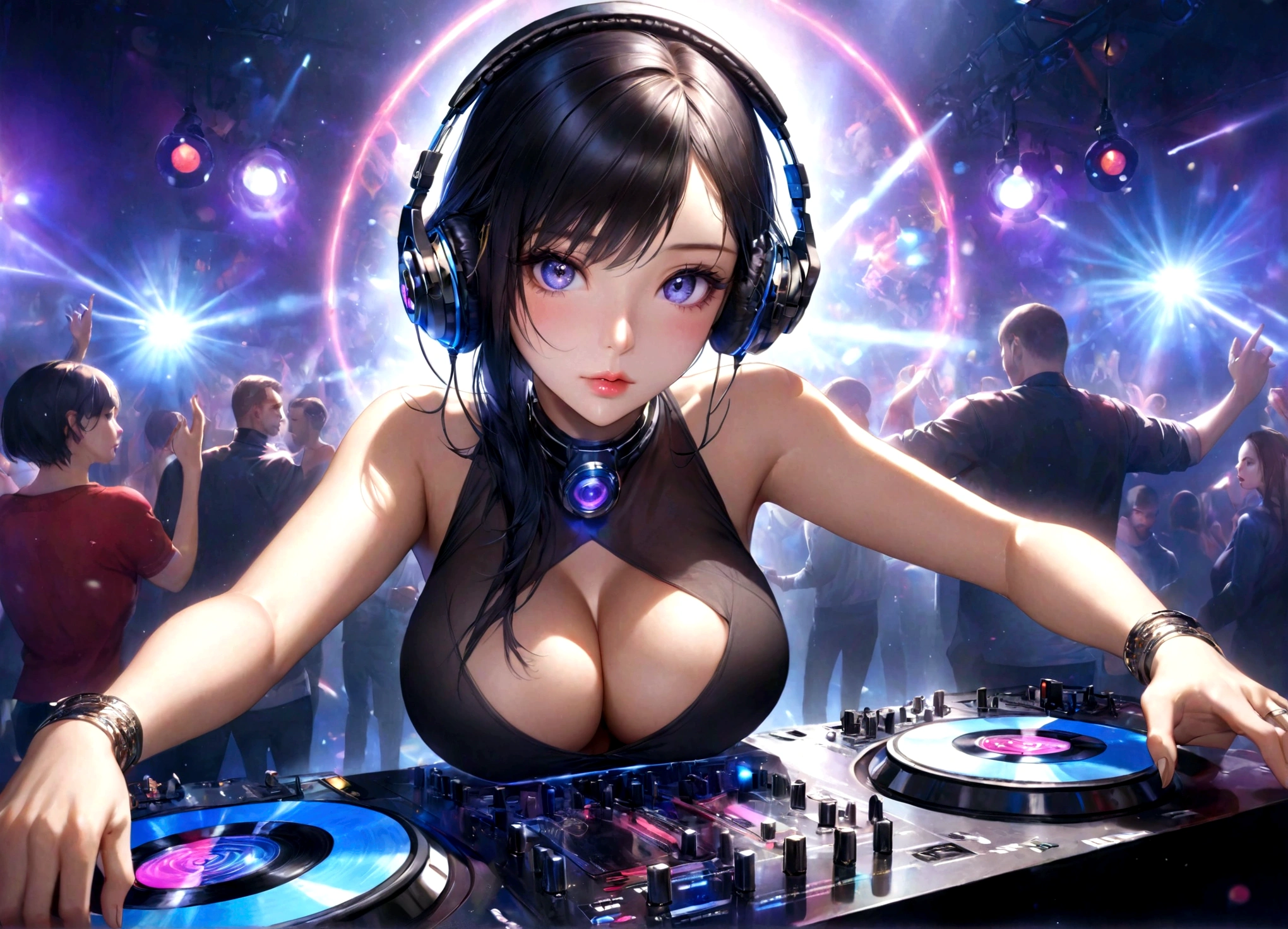 1 girl wearing headphones, beautiful detailed eyes, beautiful detailed lips, extremely detailed face and eyes, long eyelashes, perfect skin, black hair, large breasts, dj, dj booth, dancing to music, club, night live house, red laser lights, blue laser lights, random laser points, virtual reality, golden laser beams, purple laser lights, dj, live stage, realistic fingers, detailed natural fingers, best quality, 4k, 8k, highres, masterpiece:1.2, ultra-detailed, realistic, photorealistic:1.37, HDR, UHD, studio lighting, ultra-fine painting, sharp focus, physically-based rendering, extreme detail description, professional, vivid colors, bokeh