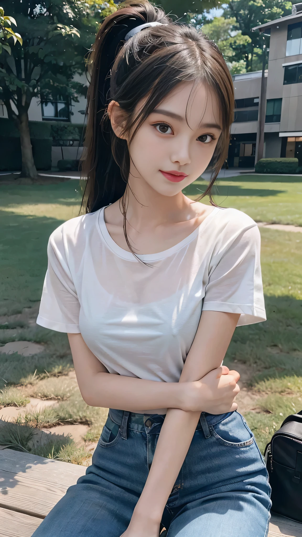 T-shirts,jeans,outdoors,Urban Park,On the lawn,Close up face,One woman,masutepiece, The highest image quality, High quality, the background is clear,Beautiful woman, Japanese,Ultra-detailed, finely detail, hight resolution, 8K Wallpaper, Perfect dynamic composition, Beautiful detailed eyes , Detailed, Detailed eyes, Detailed skin, Beautiful skin, 超hight resolution, (reality: 1.4),Very beautiful woman, Slightly younger face, Beautiful skin, slender, (Ultra photo realsisim), (hight resolution), (8K), (Very detailed) (beautifully detailed eyes), (super detailed), (Detailed face), view the viewer, Fine details, Detailed face, Staring straight ahead, Staring straight ahead, photos realistic, Bright lighting, Professional Lighting, Black hair,poneyTail,a baby face,fourteen years old,Hairstyle: ponytail,Long ponytail hairstyle,slight smile,neat and tidy clothing,Beautiful Japanese KPOP idol photo, hair style is ponytail, my eyes are double and wide, baby face, smile and look straight ahead, slender, small breasts,Close up face,
