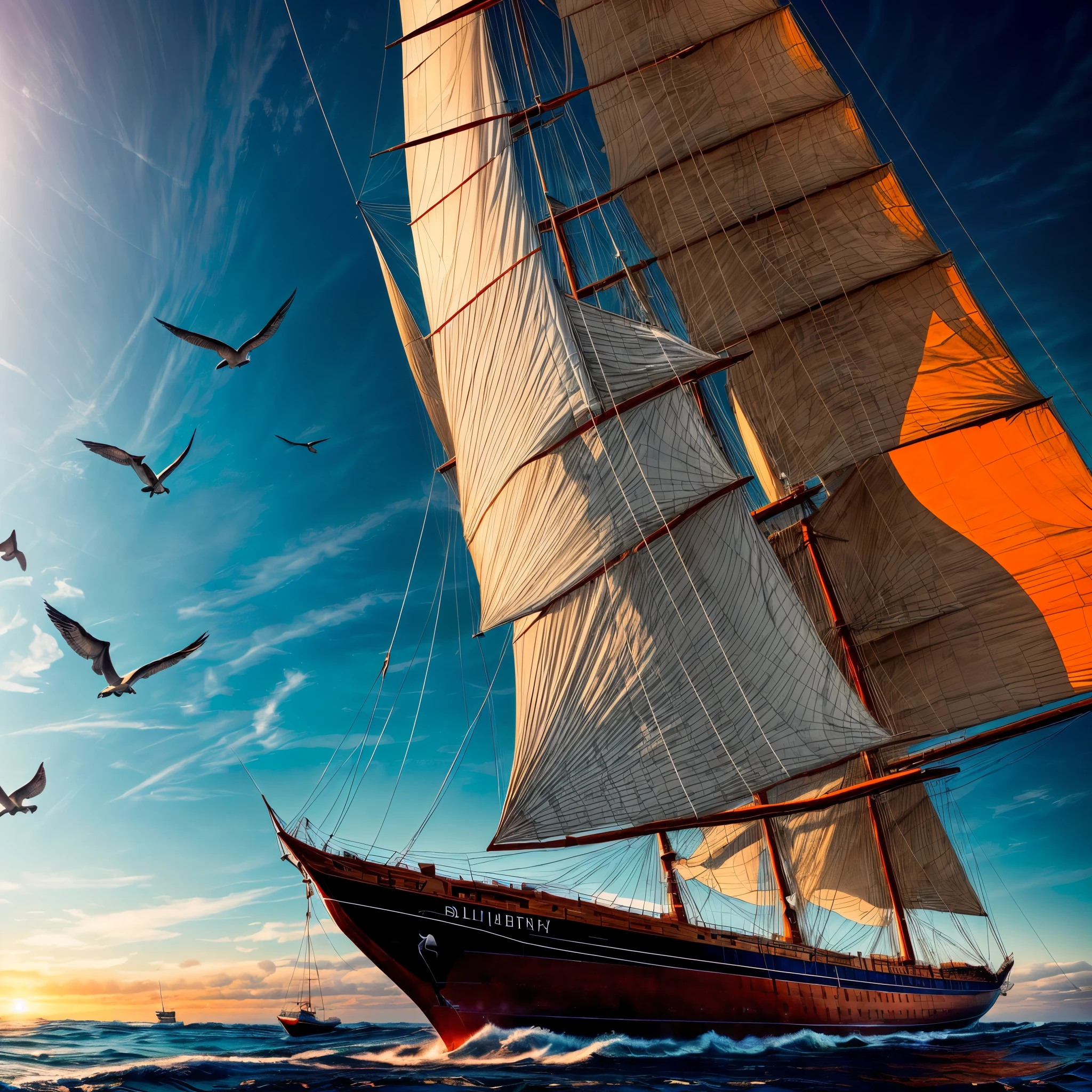 8K, Best Quality, Masterpiece, Ultra High Resolution, (highly detailed CG unity 8k wallpaper), (best illustration), (best shadows), isometric 3D, octane rendering, ray tracing, highly detailed, (wide panoramic view: 1.1), Realistic hands. Blurred foreground. [(((A stunning cinematic wildlife photograph capturing a majestic three-masted ship gliding gracefully on an orange ocean, bathed in warm hues of sunlight. There stands "Bathou" and "Neu-Seeburg". The ship's sails billow gently in the breeze, while the wooden deck and ropes cast intricate shadows. Seabirds fly overhead, adding a dynamic element to the scene, and the distant horizon is a blend of fiery oranges and soft yellows. The overall atmosphere evokes a sense of adventure and exploration in a realm of warm, vibrant colors., cinematic, wildlife photography]