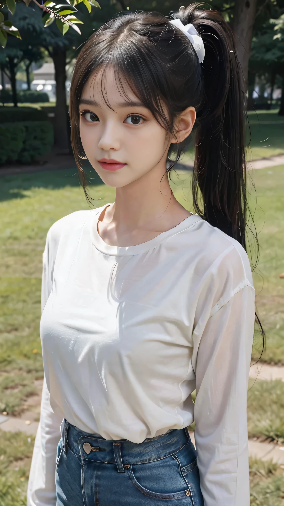 T-shirts,jeans,outdoors,Urban Park,On the lawn,Close up face,One woman,masutepiece, The highest image quality, High quality, the background is clear,Beautiful woman, Japanese,Ultra-detailed, finely detail, hight resolution, 8K Wallpaper, Perfect dynamic composition, Beautiful detailed eyes , Detailed, Detailed eyes, Detailed skin, Beautiful skin, 超hight resolution, (reality: 1.4),Very beautiful woman, Slightly younger face, Beautiful skin, slender, (Ultra photo realsisim), (hight resolution), (8K), (Very detailed) (beautifully detailed eyes), (super detailed), (Detailed face), view the viewer, Fine details, Detailed face, Staring straight ahead, Staring straight ahead, photos realistic, Bright lighting, Professional Lighting, Black hair,poneyTail,a baby face,fourteen years old,Hairstyle: ponytail,Long ponytail hairstyle,slight smile,neat and tidy clothing,Beautiful Japanese KPOP idol photo, hair style is ponytail, my eyes are double and wide, baby face, smile and look straight ahead, slender, small breasts,Close up face,