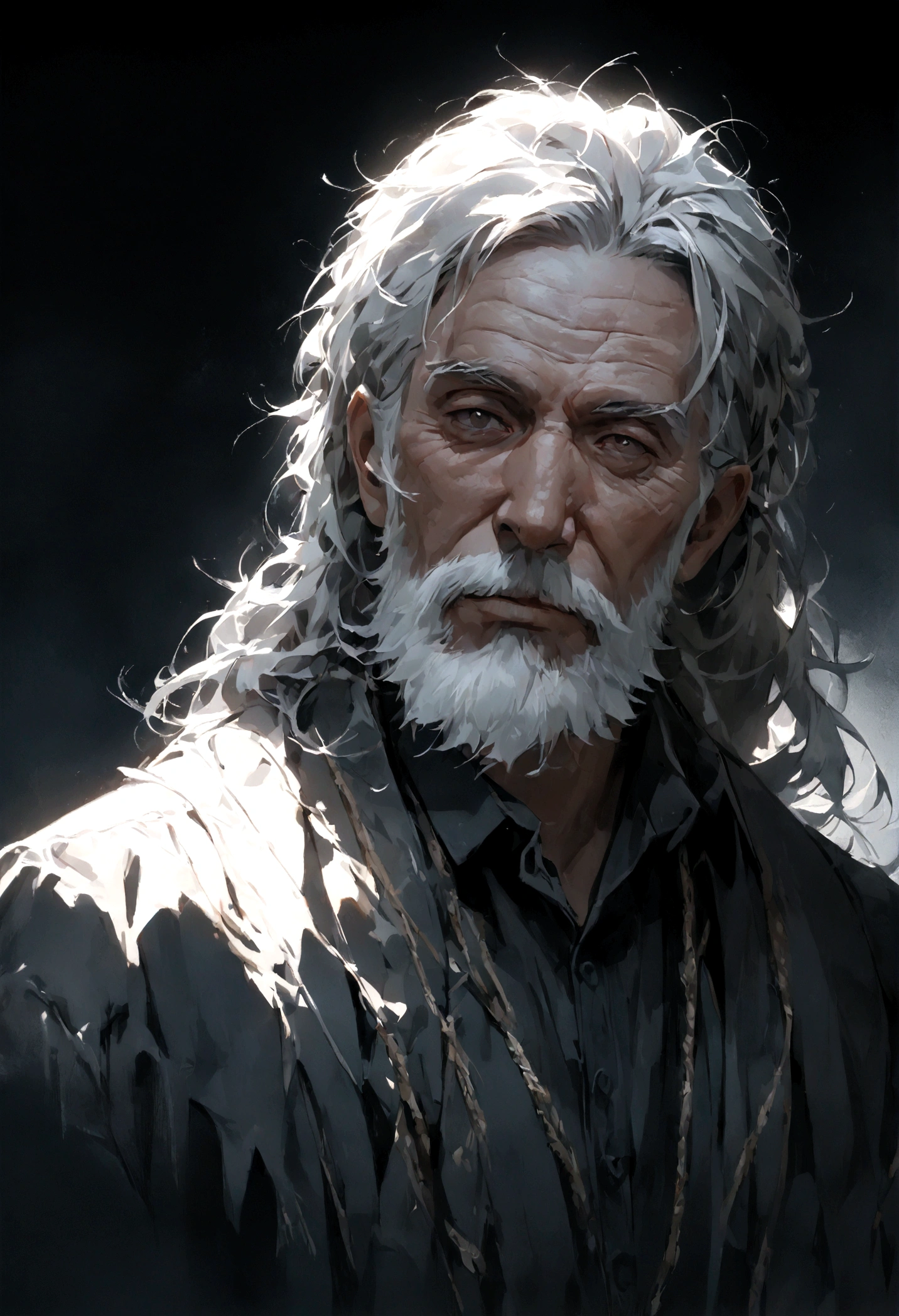 (best quality,4k,8K,High resolution,masterpiece:1.2),Extremely detailed,(Practical,photoPractical,photo-Practical:1.37),elder,black background,Direct vision,Handsome,Sensible,wrinkle,white hair,beard,Focused gaze,A face with a distinctive personality,Clear focus,In stark contrast to,Dramatic Lighting,portrait