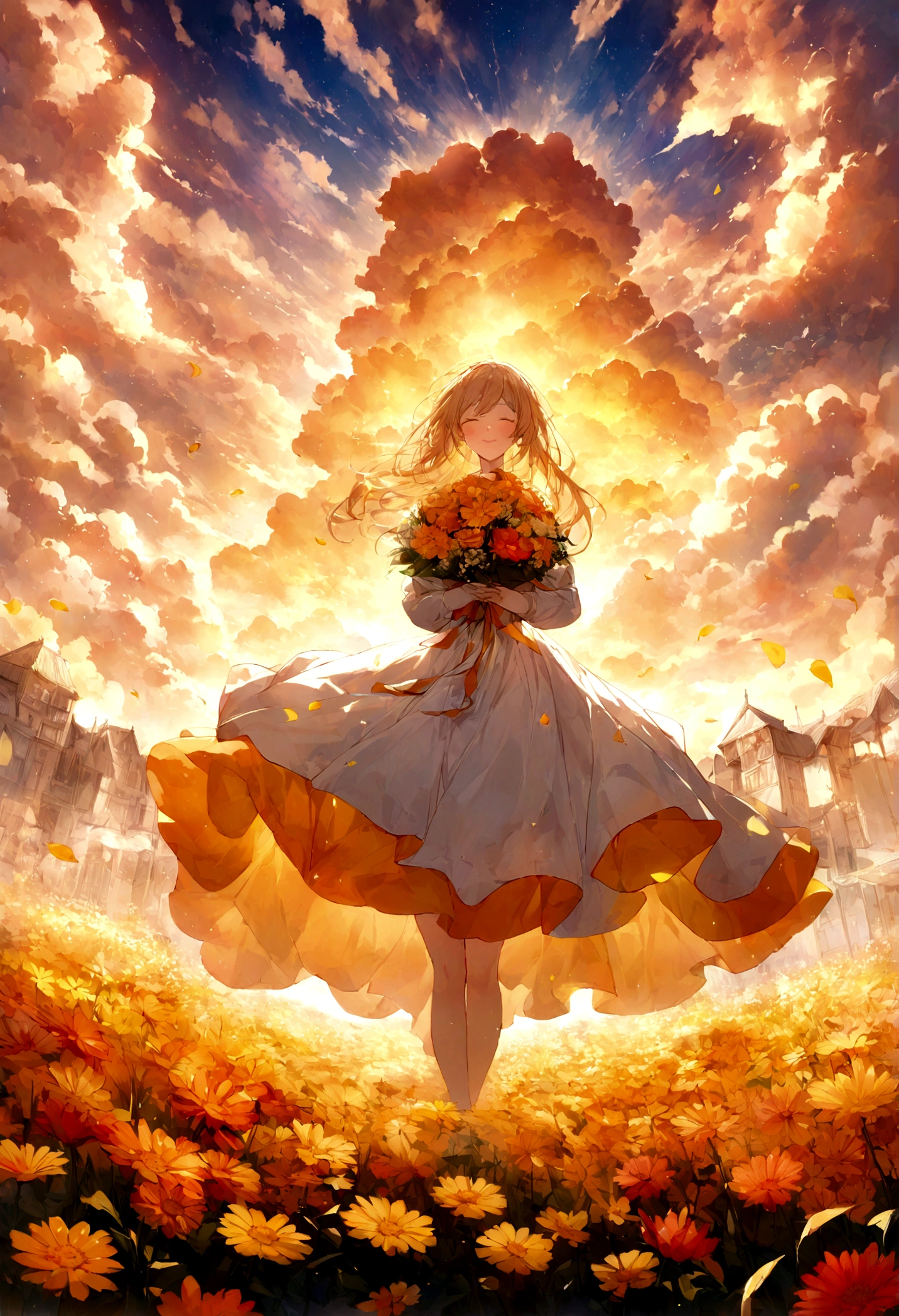 bouquet、Flower Field、bless、Toast、Euphoria、happiness, , pixiv Contest Winner,, Beautiful flowers dye the sky, glowing clouds, Burning Clouds、Aroma oil product design、orange、yellow、No need for people