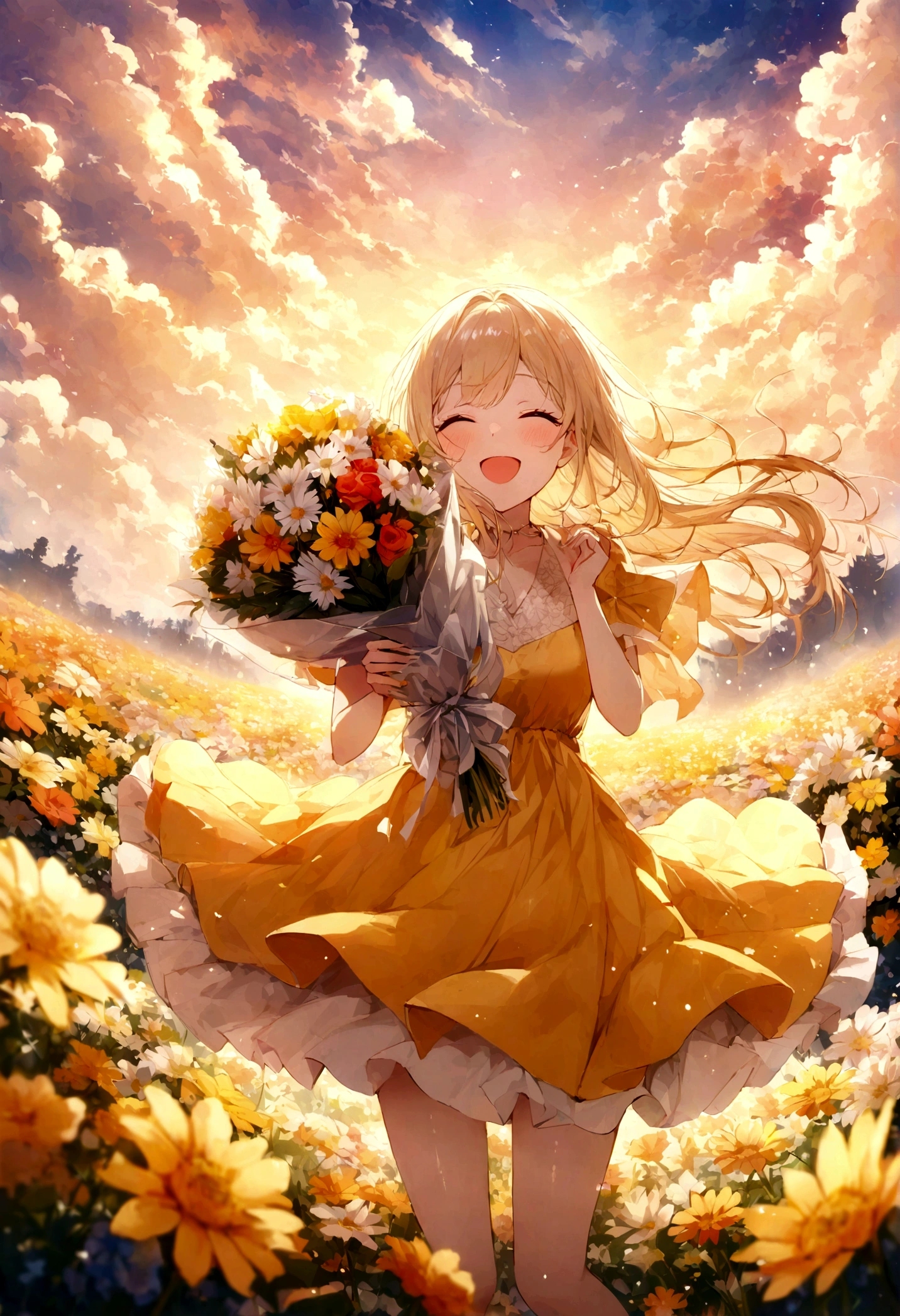 bouquet、Flower Field、bless、Toast、Euphoria、happiness, , pixiv Contest Winner,, Beautiful flowers dye the sky, glowing clouds, Burning Clouds、Aroma oil product design、orange、yellow、No need for people