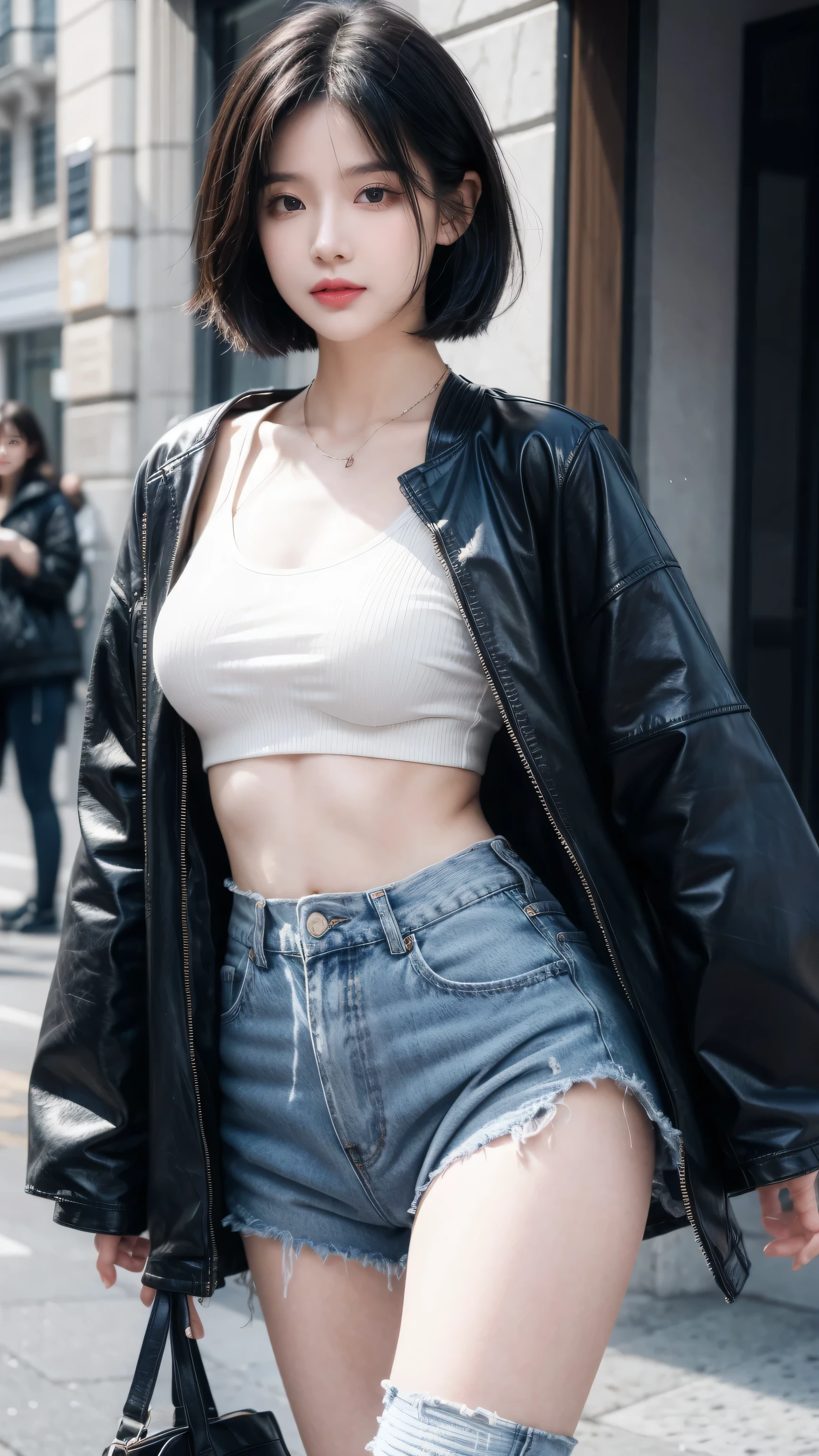 best quality, 1 Girl, dark blue hair, black eyes, Very short hair, Spiky hair, purple Crop Top Drape, purple jacket,  high waist short,Wearing long black boots、171 cm, Messy hair, Hair between the eyes, Medium breasts, full, Tomboy, aldult, 20 years old, 1 Girl near purple motorcycle