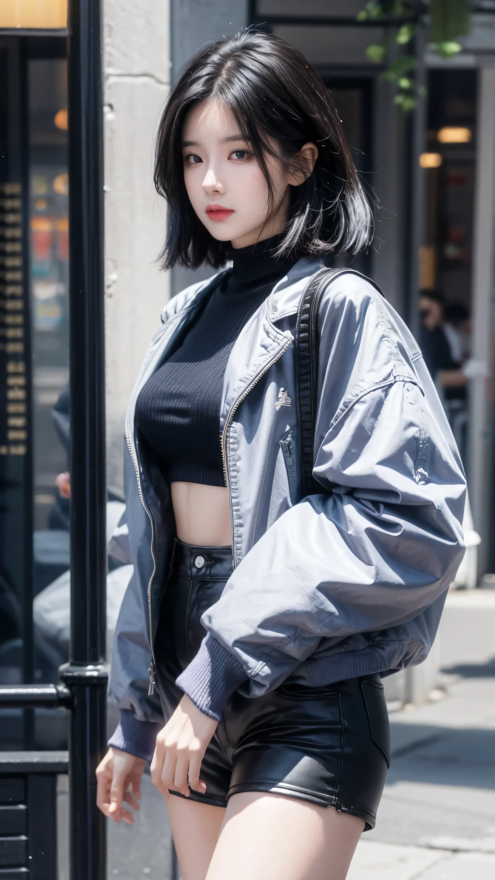 best quality, 1 Girl, dark blue hair, black eyes, Very short hair, Spiky hair, purple Crop Top Drape, purple jacket, high waist short,Wearing long black boots、171 cm, Messy hair, Hair between the eyes, Medium breasts, full, Tomboy, aldult, 20 years old, 1 Girl near purple motorcycle