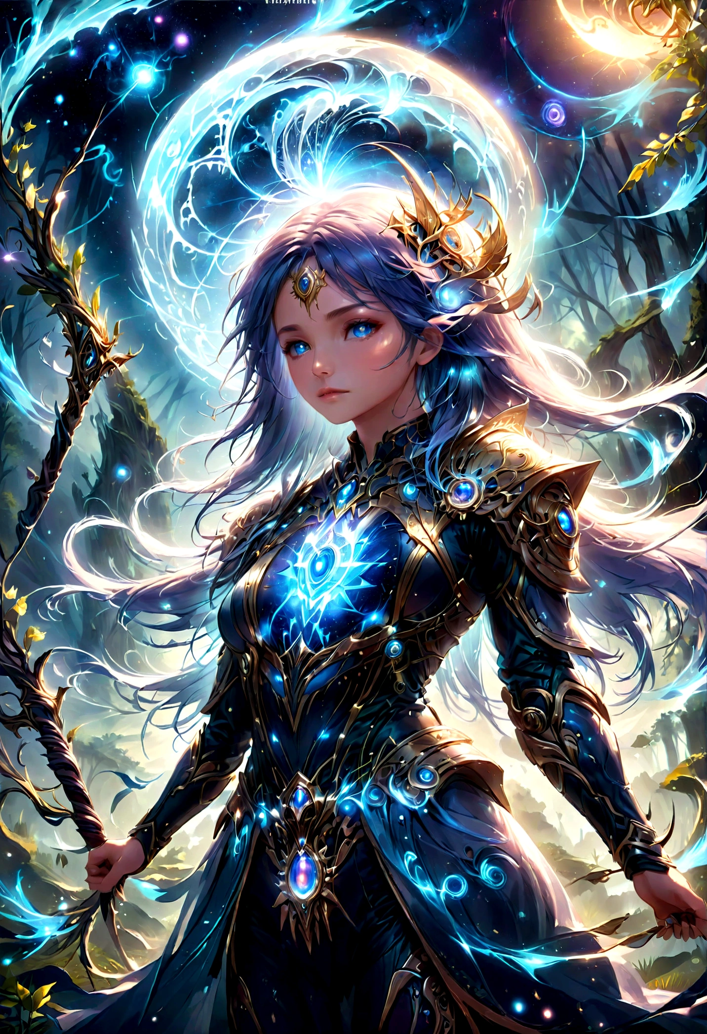 high details, best quality, 16k, [ultra detailed], masterpiece, best quality, (extremely detailed), dynamic angle, ultra wide shot, photorealistic, ((fantasy art)), dnd art, rpg art, realistic art, female human druid of the stars, guardian of nature, controlling magical energy made of stars, swirling blue stary magical light, divine symbols, DruidMagicAI (1.5 intricate details, Masterpiece, best quality), human female,  extremally beautiful, ultra feminine, dynamic hair, dynamic hair color, wearing leather armor CM-Beautiful_armor, holding a staff, moon light, stars, dynamic natural background,  RPG art, magical atmosphere magic-fantasy-forest, ultra best realistic, best details, best quality, 16k, [ultra detailed], masterpiece, best quality, (extremely detailed), ultra wide shot, photorealism, depth of field, hyper realistic painting, aetherpunkai