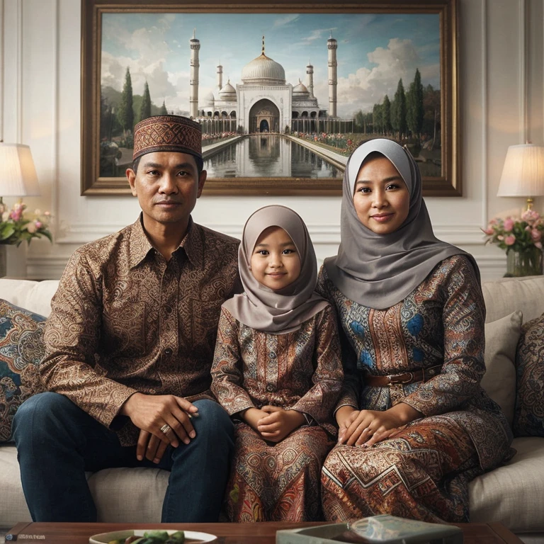 A realistic close-up portrait of an Indonesian family consisting of a father, mother, and an 8--old ab-wearing  sitting on a luxurious sofa, flanked by their parents, all wearing matching batik- patterned clothes, in a family room with a large picture frame depicting a grand mosque on the wall, and a vase of flowers on a small table