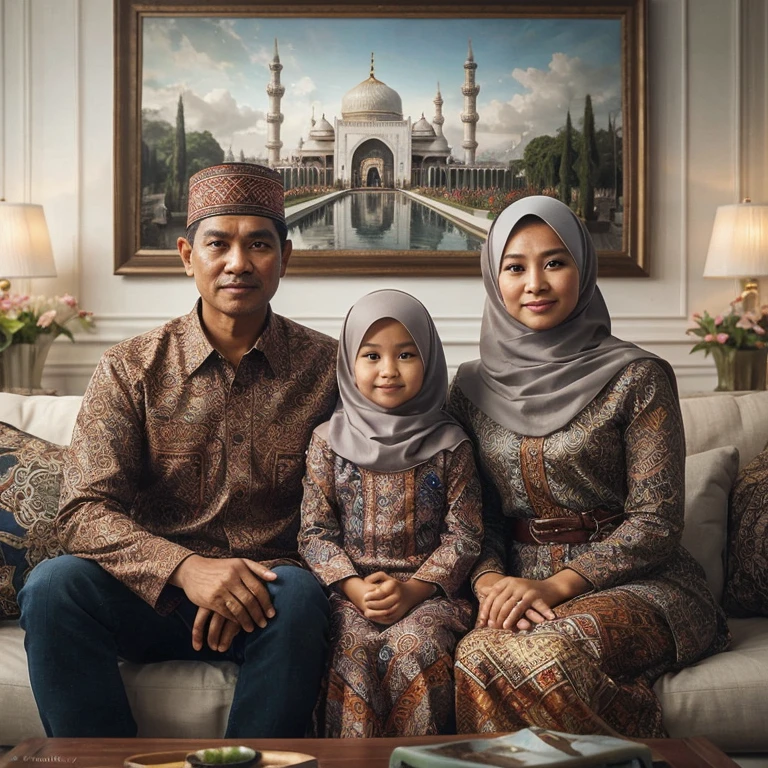 A realistic close-up portrait of an Indonesian family consisting of a father, mother, and an 8--old ab-wearing sitting on a luxurious sofa, flanked by their parents, all wearing matching batik- patterned clothes, in a family room with a large picture frame depicting a grand mosque on the wall, and a vase of flowers on a small table