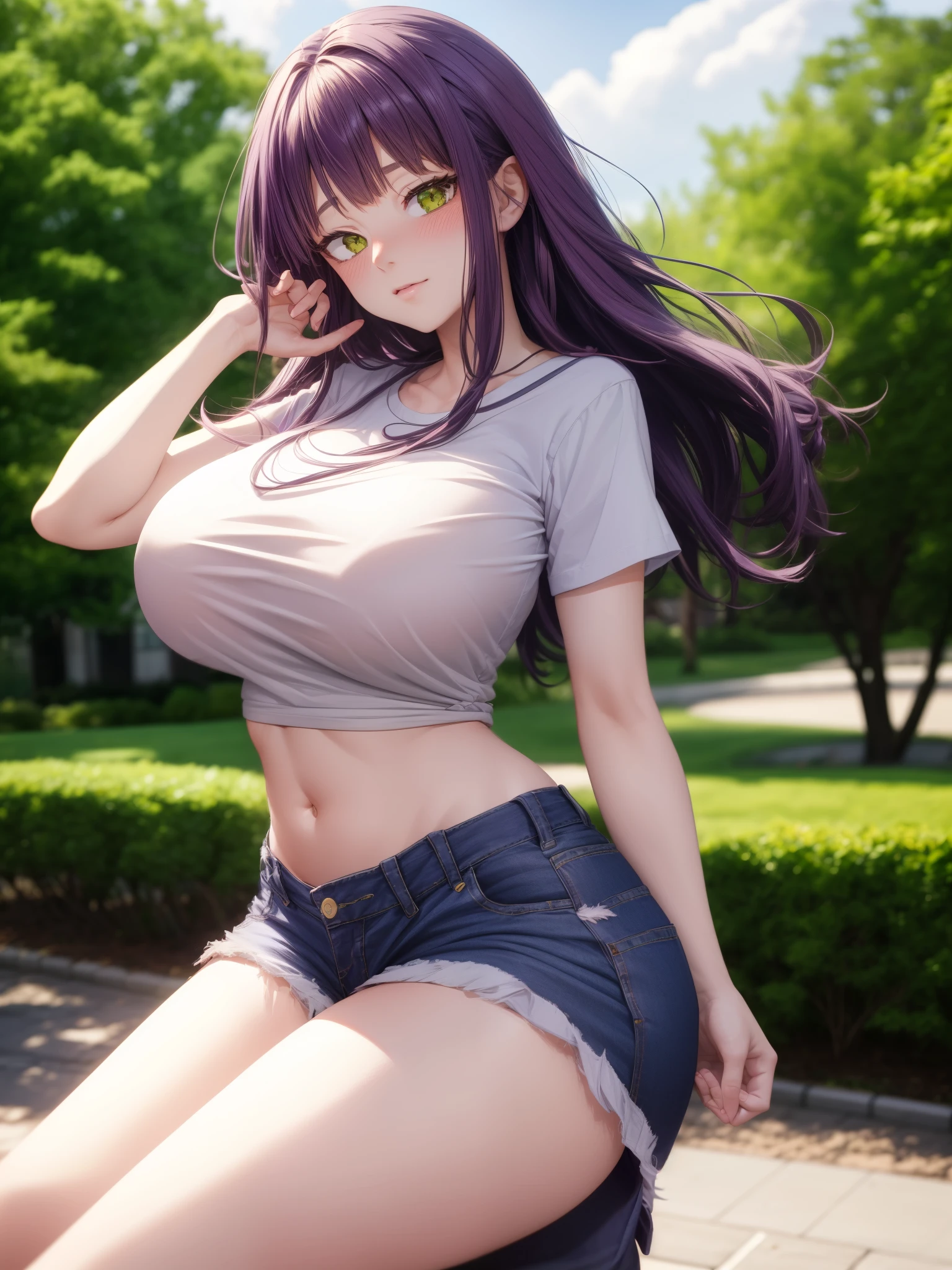 masterpiece, best quality, highres, 1girl, long hair, purple hair, long hair, green eyes, white t shirt, jeans, tucked in, loose, huge breasts, slim waist, ((blush)), upper body, close up, anime style, standing, fully clothed, outdoors, park, sunny, side view, sideboob