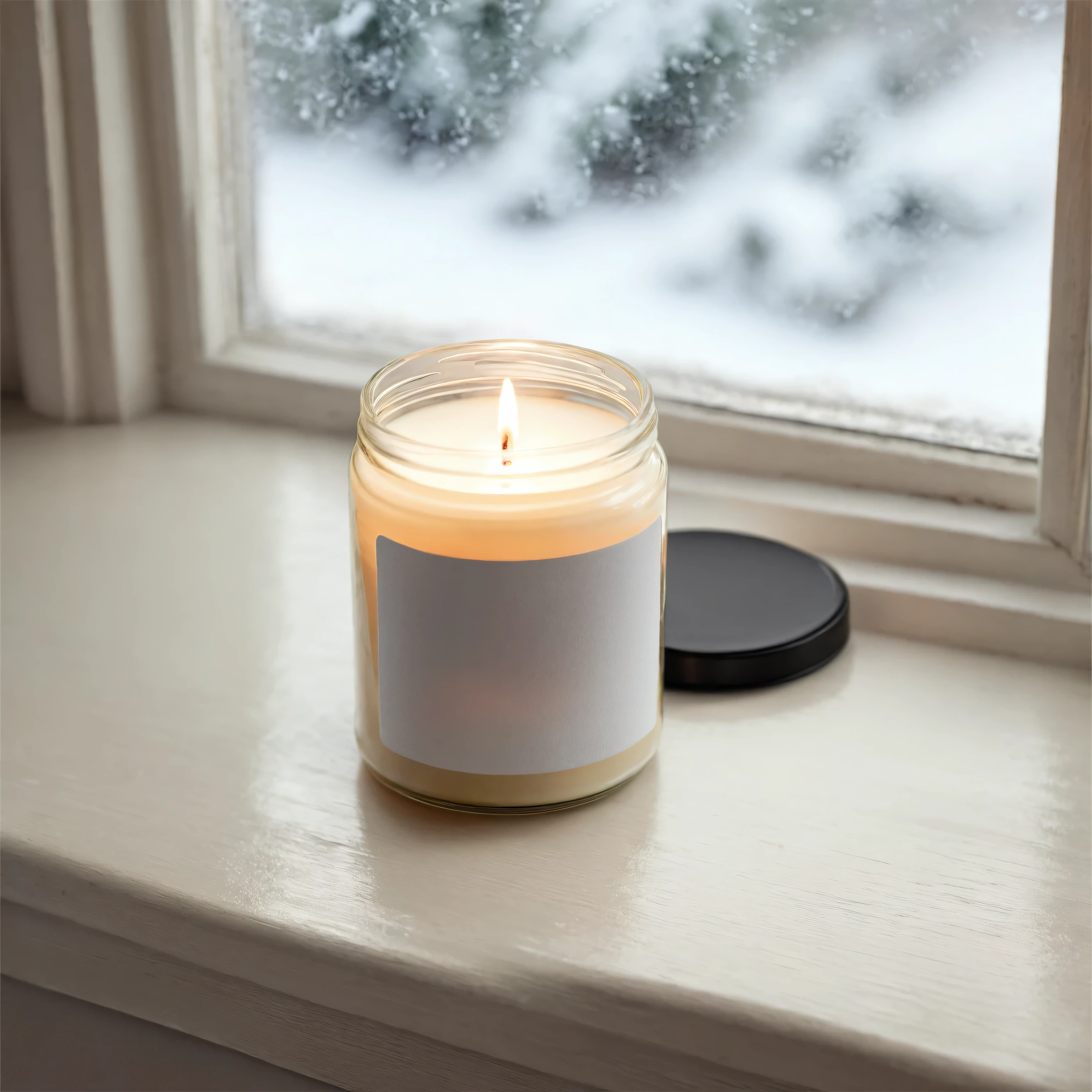 Mockup empty, a blank small beige candle in a jar with white label and black lid standing on a window sill with snowy winter in the background, diffused light, a7s camera, 50mm lens