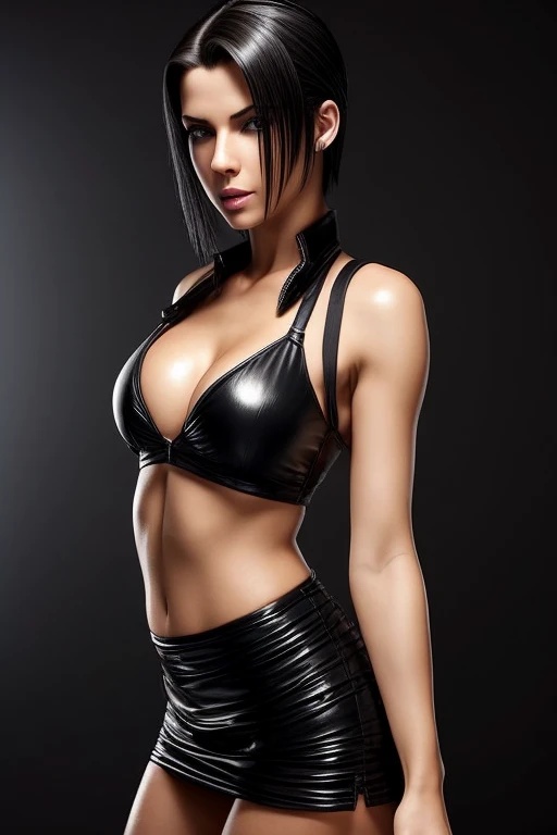 Gorgeous european woman with very short straight hair, short hair, wet hair, hair slicked back, combed straight back, slick hair, streaked caramelblonde hair, seductive, dressed as tifa lockhart from final fantasy, cleavage, solid dark grey background