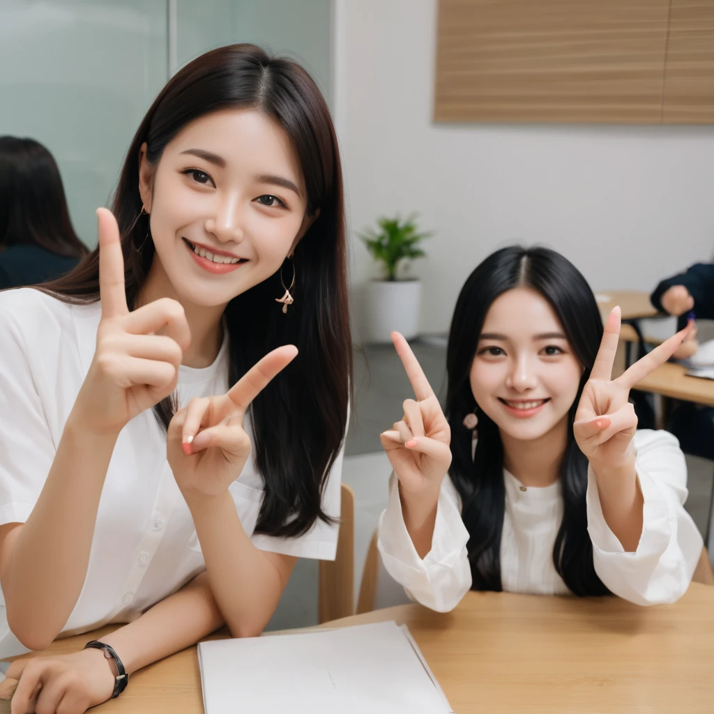 A confident smile, Making a peace sign,two students demonstrating a gesture commonly associated with a peace sign while speaking by tele食事, skirt, Black Hair, indoor, smartphone, shirt, ((((complete fiでe fingers))))