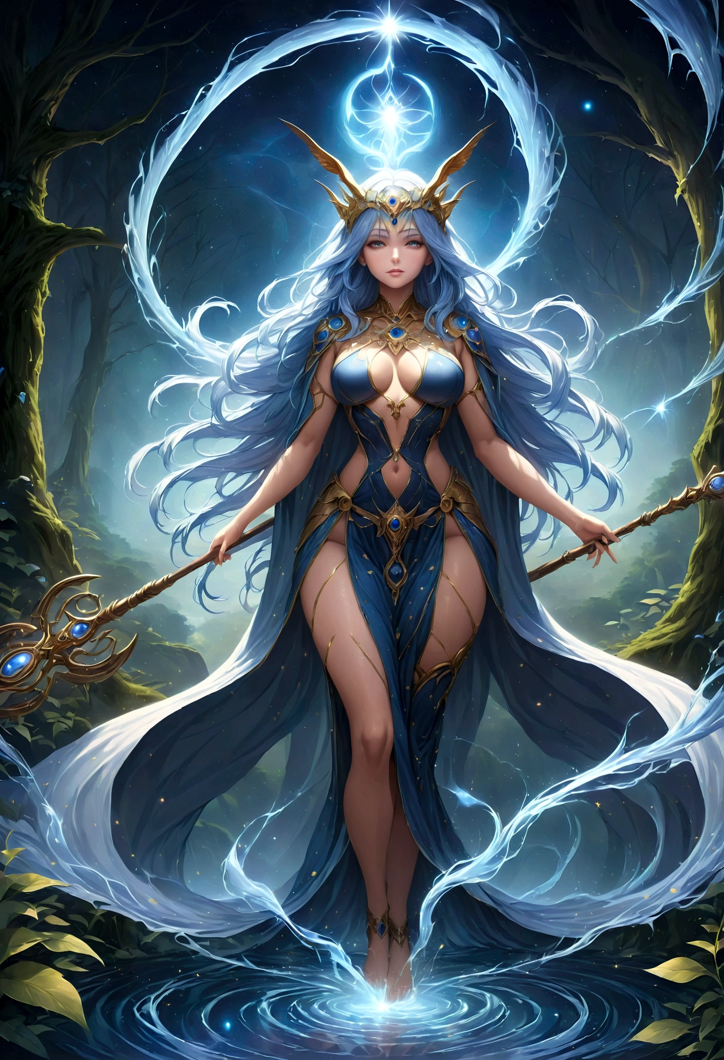 high details, best quality, 16k, [ultra detailed], masterpiece, best quality, (extremely detailed), dynamic angle, ultra wide shot, photorealistic, ((fantasy art)), dnd art, rpg art, realistic art, female human druid of the stars, guardian of nature, controlling magical energy made of stars, swirling blue stary magical light, divine symbols, DruidMagicAI (intricate details, Masterpiece, best quality: 1ץ5), human female,  extremally beautiful, ultra feminine, dynamic hair, dynamic hair color, wearing leather armorת holding a staff, moon light, stars, dynamic natural background,  RPG art, magical atmosphere magic-fantasy-forest, ultra best realistic, best details, best quality, 16k, [ultra detailed], masterpiece, best quality, (extremely detailed), ultra wide shot, photorealism, depth of field, hyper realistic painting, aetherpunkai