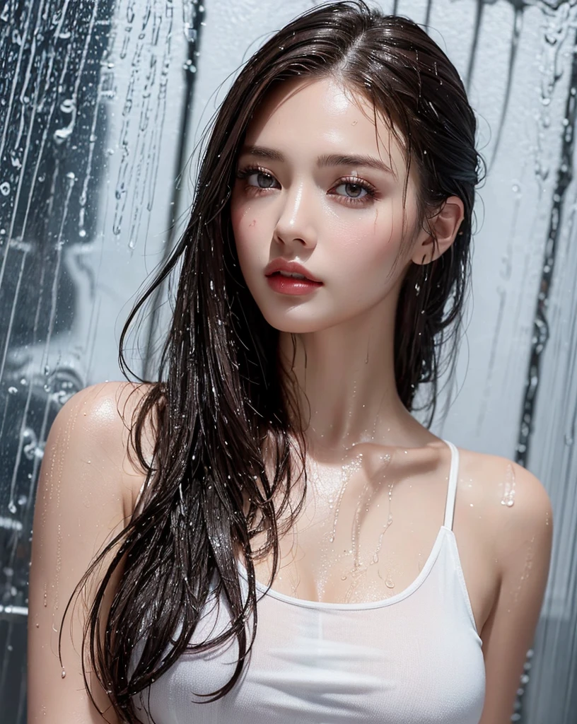 (Best quality, 4k, Masterpiece :1.3), pretty woman, 1girl, sexy :1.1, dark brown hair: 1.1, (rainy wet, wet from rain, wet body :1.2), white tank tops, ultra-detailed face, detailed lips, detailed eyes, double eyelid