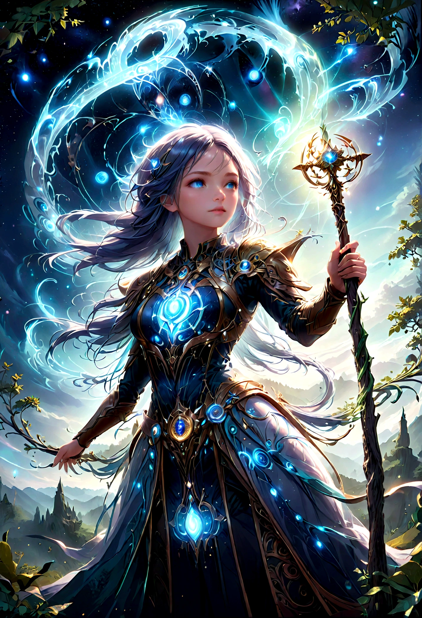 high details, best quality, 16k, [ultra detailed], masterpiece, best quality, (extremely detailed), dynamic angle, ultra wide shot, photorealistic, ((fantasy art)), dnd art, rpg art, realistic art, female human druid of the stars, guardian of nature, controlling magical energy made of stars, swirling blue stary magical light, divine symbols, DruidMagicAI (intricate details, Masterpiece, best quality: 1.5), human female, extremally beautiful, ultra feminine, dynamic hair, dynamic hair color, wearing leather armorת holding a staff, moon light, stars, dynamic natural background, RPG art, magical atmosphere magic-fantasy-forest, ultra best realistic, best details, best quality, 16k, [ultra detailed], masterpiece, best quality, (extremely detailed), ultra wide shot, photorealism, depth of field, hyper realistic painting, aetherpunkai