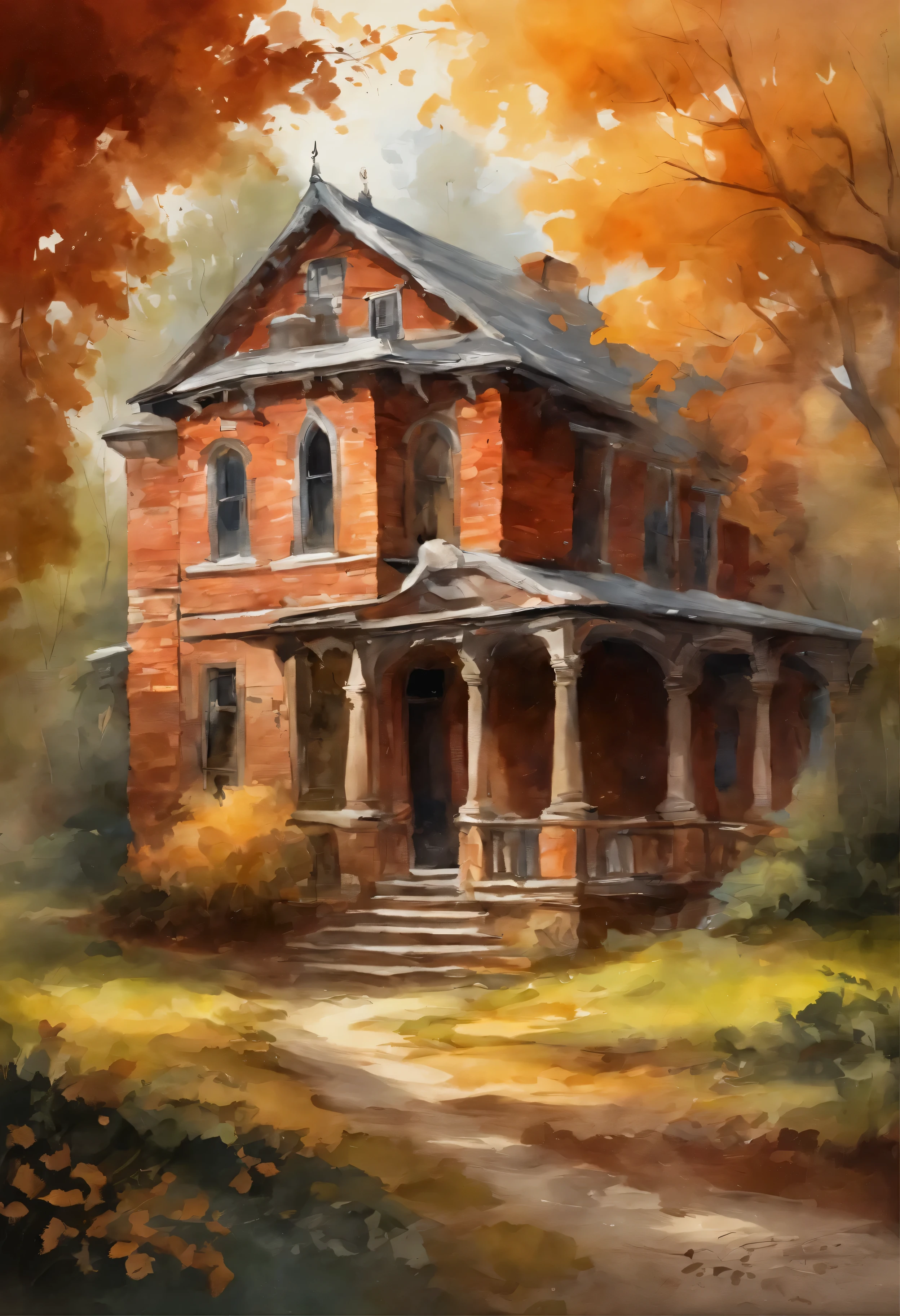 Old house,red brick building,Large banyan tree,Pavement Cleaning,Fallen leaves,autumn,early morning,pale yellow tones,Super Resolution,Carefully displayed,high quality,10,Miyazaki Animation Style