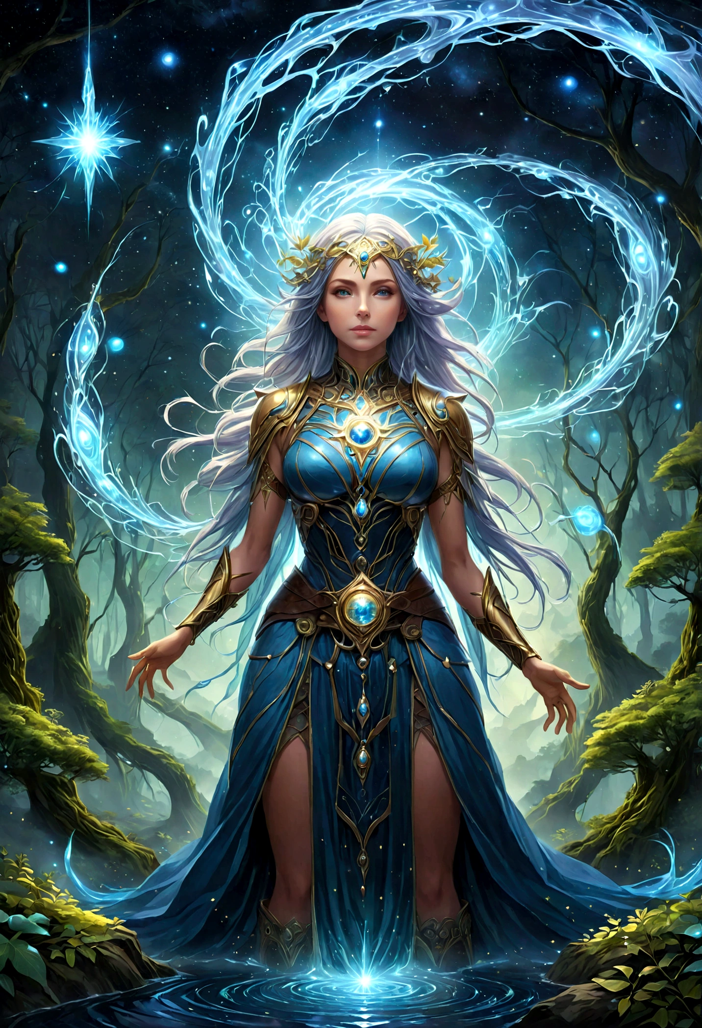 high details, best quality, 16k, [ultra detailed], masterpiece, best quality, (extremely detailed), dynamic angle, ultra wide shot, photorealistic, ((fantasy art)), dnd art, rpg art, realistic art, female human druid of the stars, guardian of nature, controlling magical energy made of stars, swirling blue stary magical light, divine symbols, DruidMagicAI (intricate details, Masterpiece, best quality: 1.5), human female, extremally beautiful, ultra feminine, dynamic hair, dynamic hair color, wearing leather armorת holding a staff, moon light, stars, dynamic natural background, RPG art, magical atmosphere magic-fantasy-forest, ultra best realistic, best details, best quality, 16k, [ultra detailed], masterpiece, best quality, (extremely detailed), ultra wide shot, photorealism, depth of field, hyper realistic painting, aetherpunkai