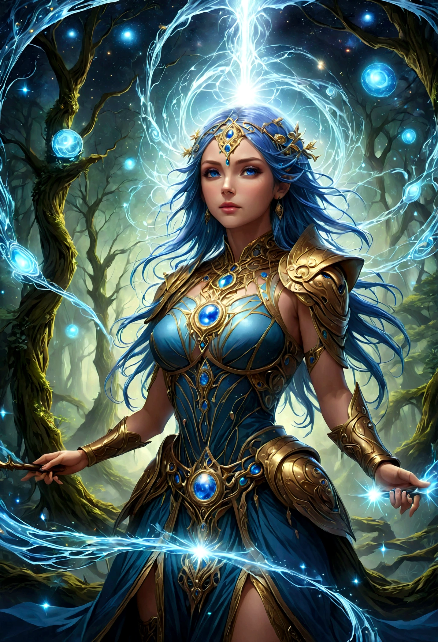 high details, best quality, 16k, [ultra detailed], masterpiece, best quality, (extremely detailed), dynamic angle, ultra wide shot, photorealistic, ((fantasy art)), dnd art, rpg art, realistic art, female human druid of the stars, guardian of nature, controlling magical energy made of stars, swirling blue stary magical light, divine symbols, DruidMagicAI (intricate details, Masterpiece, best quality: 1.5), human female, extremally beautiful, ultra feminine, dynamic hair, dynamic hair color, wearing leather armorת holding a staff, moon light, stars, dynamic natural background, RPG art, magical atmosphere magic-fantasy-forest, ultra best realistic, best details, best quality, 16k, [ultra detailed], masterpiece, best quality, (extremely detailed), ultra wide shot, photorealism, depth of field, hyper realistic painting, aetherpunkai
