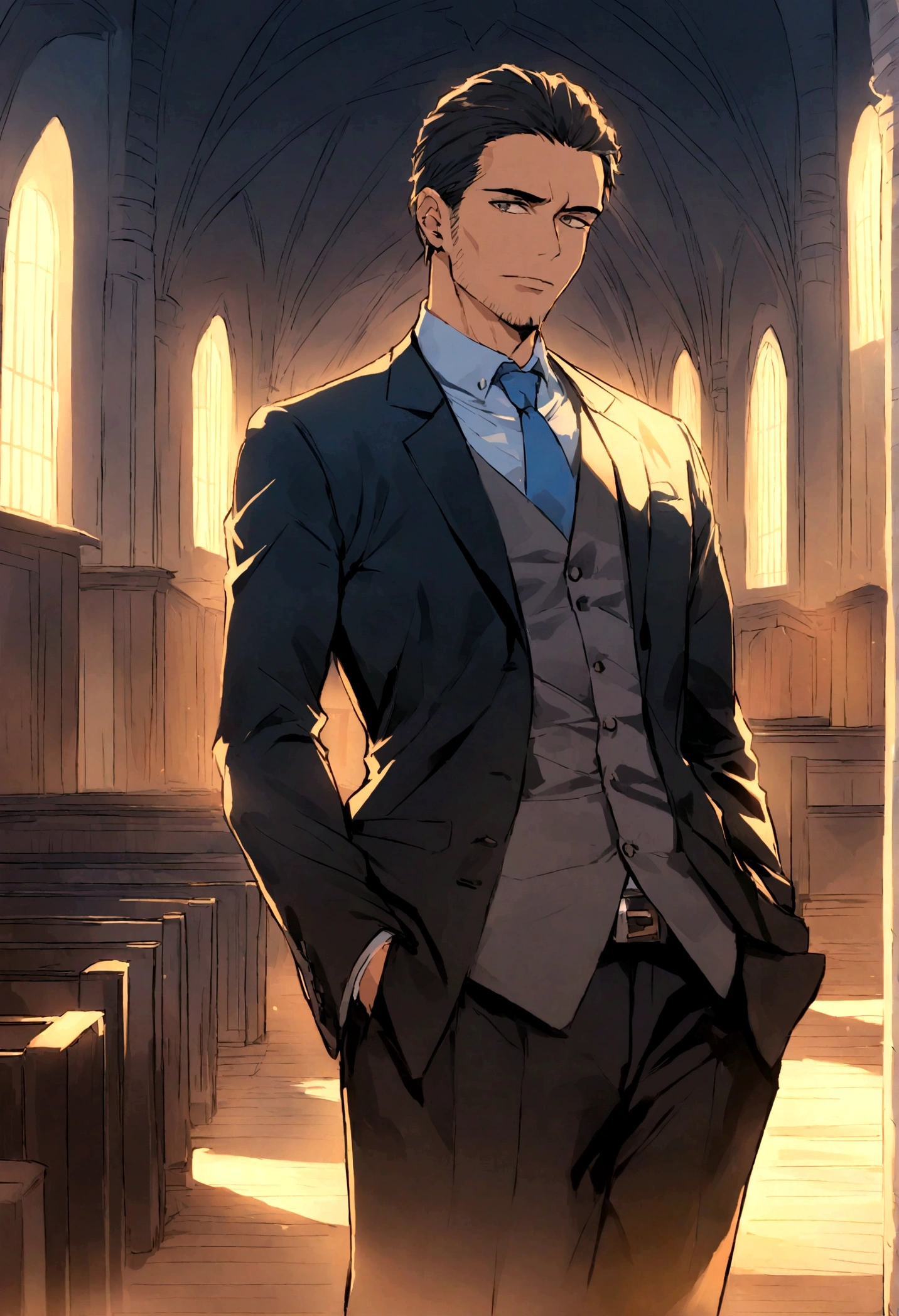 crie uma imagem de um home fazendo rascaunhos perto de uma estante de livros, where a Bible is highlighted and he is a handsome man with a suit and tie in the style of a Christian church pastor