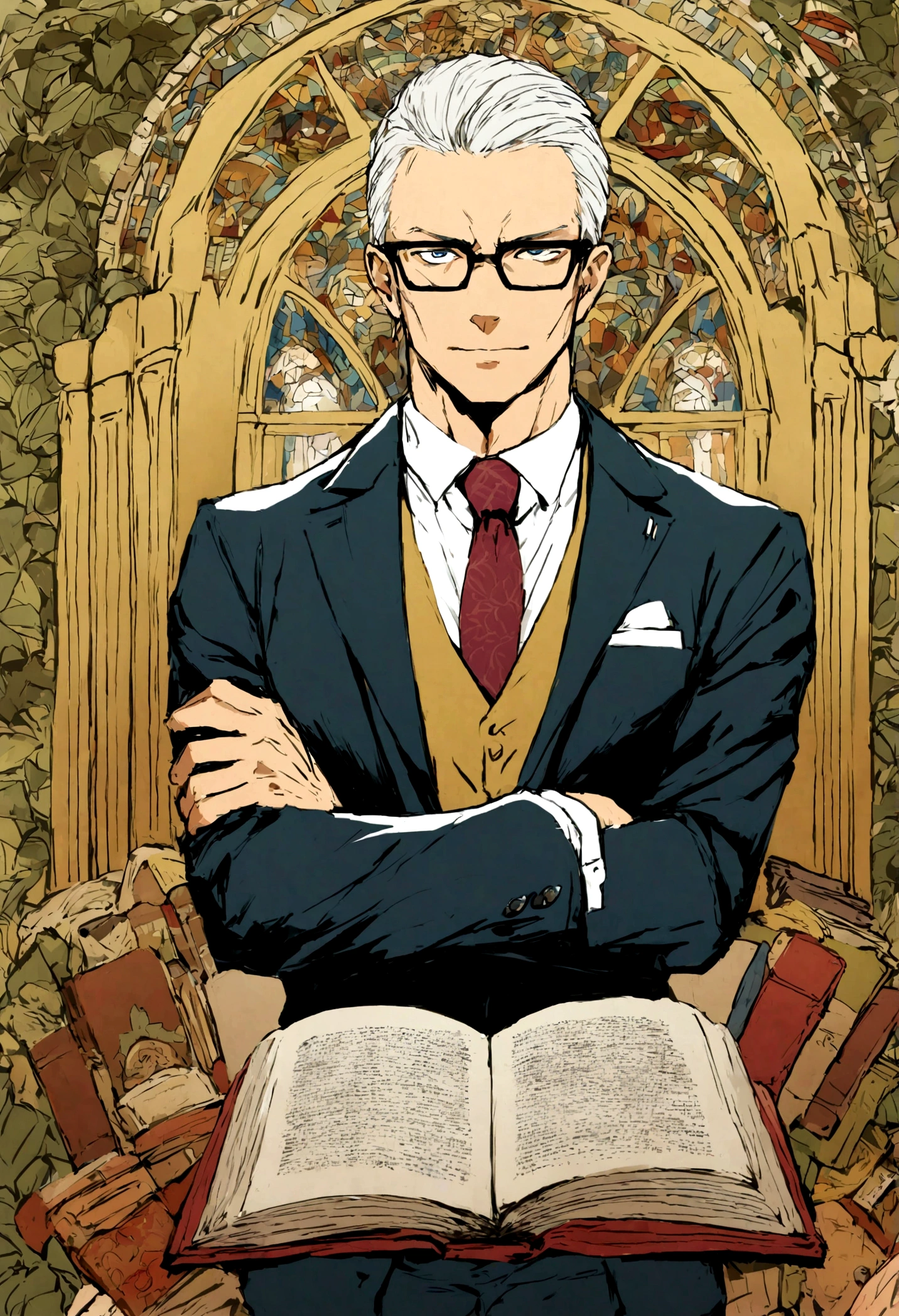 crie uma imagem de um home fazendo rascaunhos perto de uma estante de livros, where a Bible is highlighted and he is a handsome man with a suit and tie in the style of a Christian church pastor