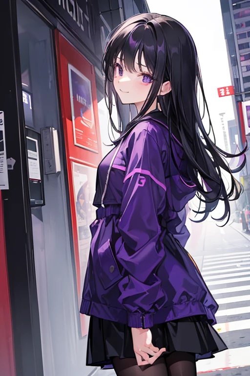 ((masterpiece, highest quality)), (One Woman), (alone), (Focus on women), (Black Hair), (Medium Hair), (Purple Windbreaker),(Black Skirt), (mature), (23 years old), (Look at me from the side),(pantyhose), (nice), (Shinjuku before dawn), Smiling faintly, Please lower your eyebrows,