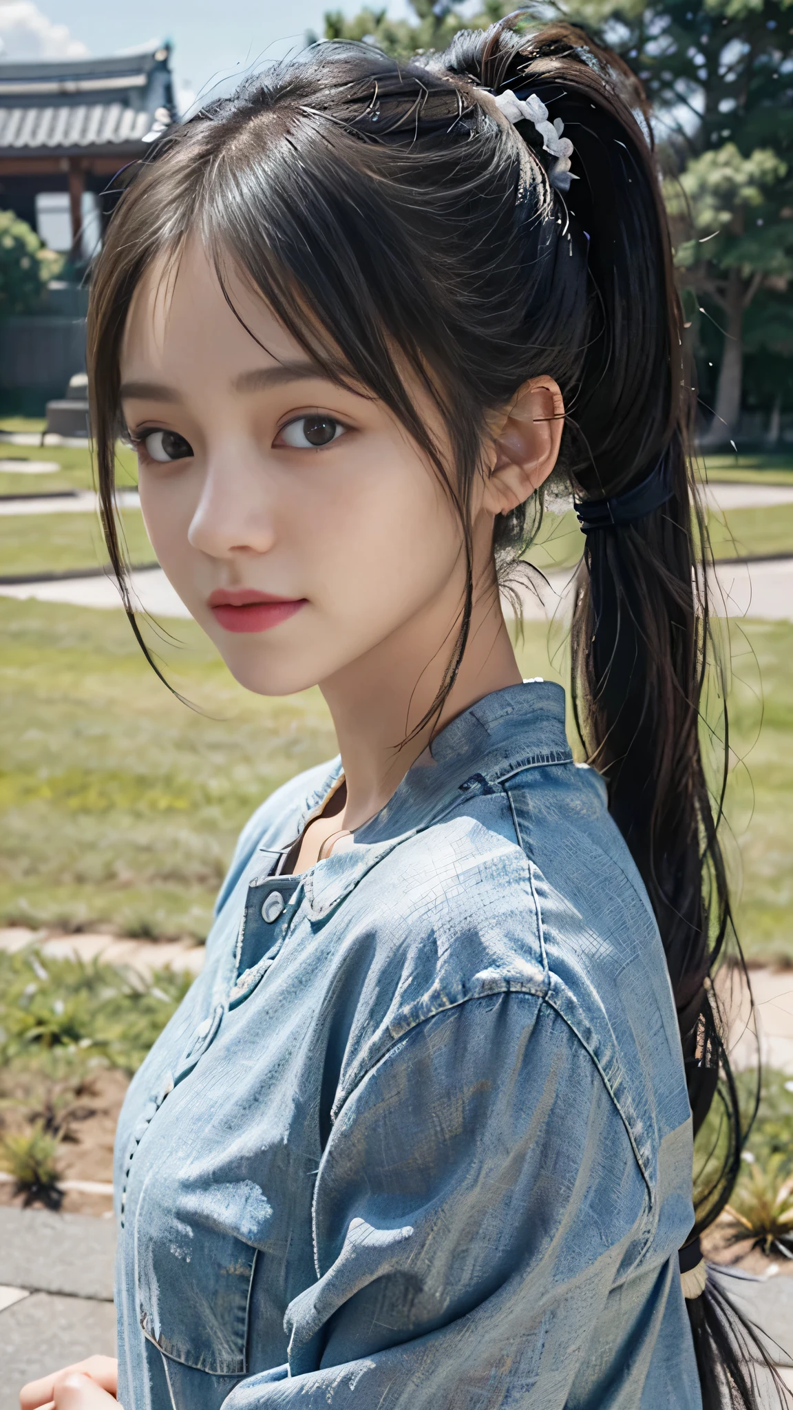 T-shirts,jeans,outdoors,Urban Park,On the lawn,Close up face,One woman,masutepiece, The highest image quality, High quality, the background is clear,Beautiful woman, Japanese,Ultra-detailed, finely detail, hight resolution, 8K Wallpaper, Perfect dynamic composition, Beautiful detailed eyes , Detailed, Detailed eyes, Detailed skin, Beautiful skin, 超hight resolution, (reality: 1.4),Very beautiful woman, Slightly younger face, Beautiful skin, slender, (Ultra photo realsisim), (hight resolution), (8K), (Very detailed) (beautifully detailed eyes), (super detailed), (Detailed face), view the viewer, Fine details, Detailed face, Staring straight ahead, Staring straight ahead, photos realistic, Bright lighting, Professional Lighting, Black hair,poneyTail,a baby face,fourteen years old,Hairstyle: ponytail,Long ponytail hairstyle,slight smile,neat and tidy clothing,Beautiful Japanese KPOP idol photo, hair style is ponytail, my eyes are double and wide, baby face, smile and look straight ahead, slender, small breasts,Close up face,