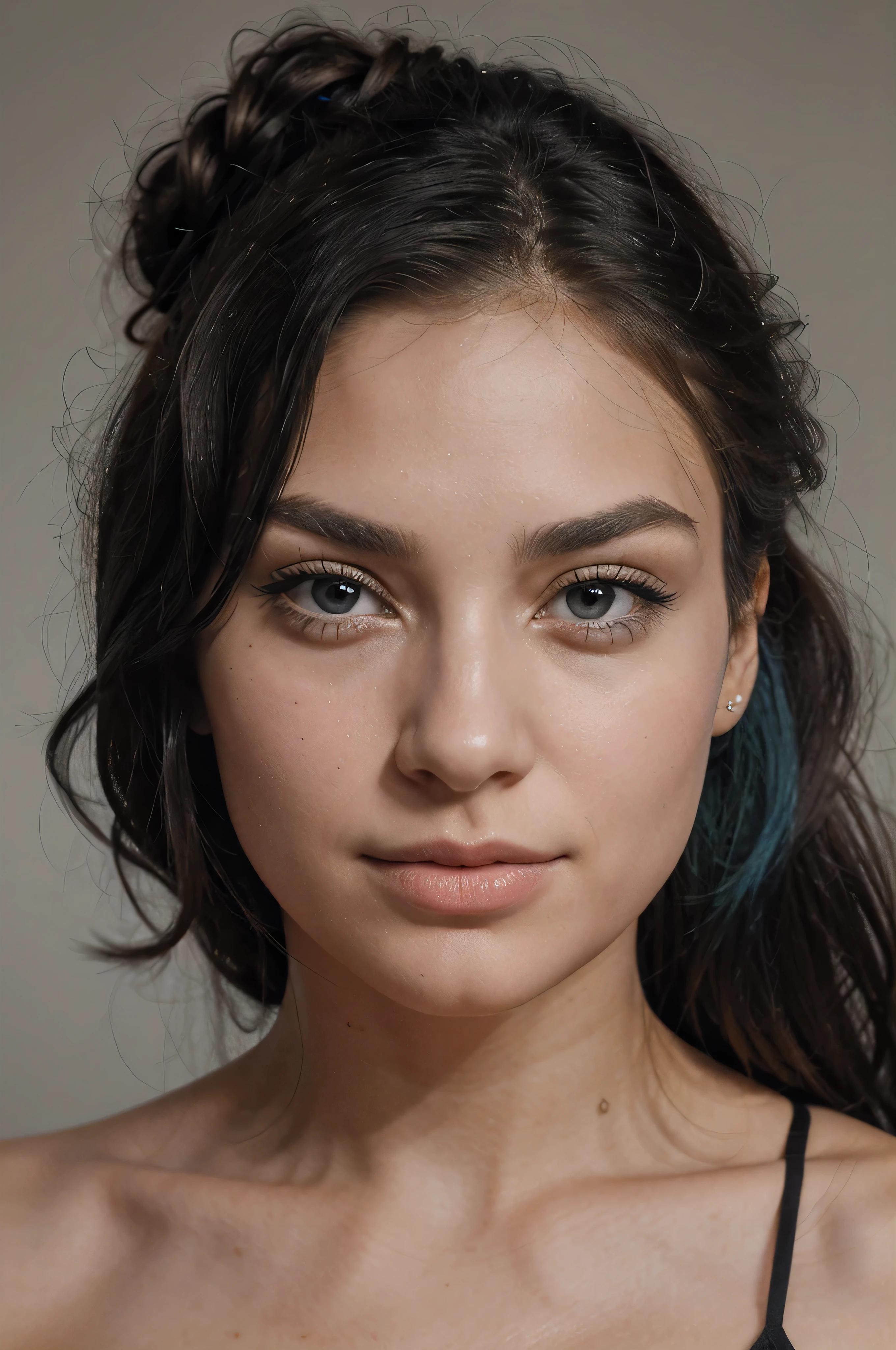 A girl with long blue hair, gathered in a messy bun. Her face is delicately sculpted, with high cheekbones and smooth, fair skin. Her large black eyes, framed by long, thick lashes, are striking and expressive, exuding calm and confidence. Well-defined eyebrows arch gracefully over her eyes, adding intensity to her gaze. She has a small, straight nose and full, slightly parted lips that curl into a slight smile, revealing hints of mischief and allure. Her sharp, well-defined jawline gives her face a refined and elegant appearance.