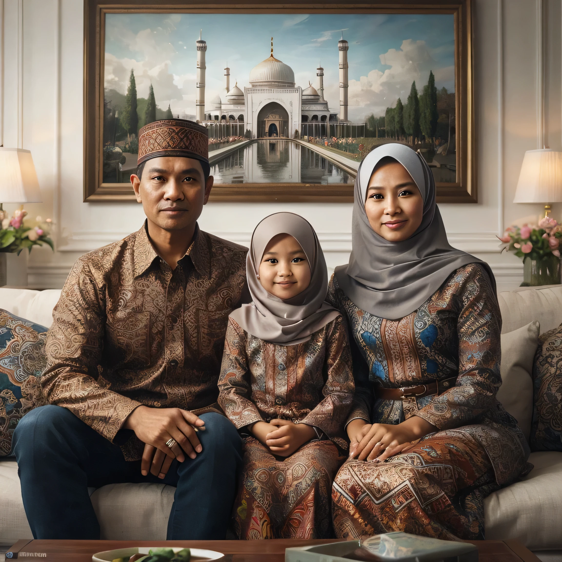 A realistic close-up portrait of an Indonesian family consisting of a father, mother, and an 8--old ab-wearing  sitting on a luxurious sofa, flanked by their parents, all wearing matching batik- patterned clothes, in a family room with a large picture frame depicting a grand mosque on the wall, and a vase of flowers on a small table