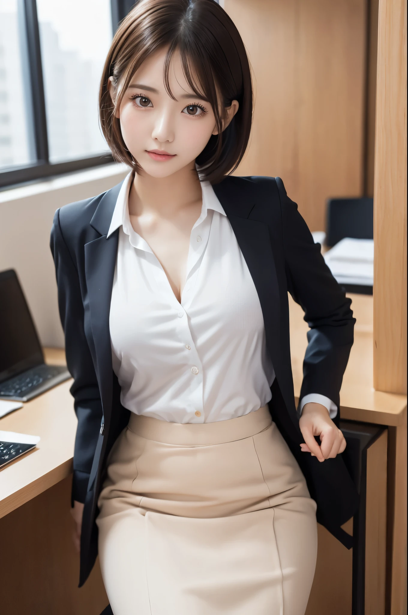 highest quality、masterpiece、(8k, High resolution), high resolution, (Photorealistic)、The face is in focus、Symmetrical eyes、Beautiful Skin、Natural Makeup、Gloss lips, High-definition hair、Japanese women、office lady、19 years old, Anatomically correct, very cute, (White collarless blouse, business suit、Pencil Skirt), (Embarrassing:1.3), (blush)、office, View Viewer, (short hair), (Multiple Angles), (Small breasts, Erect nipples), (Place your hand on your chest:1.3)、Sitting