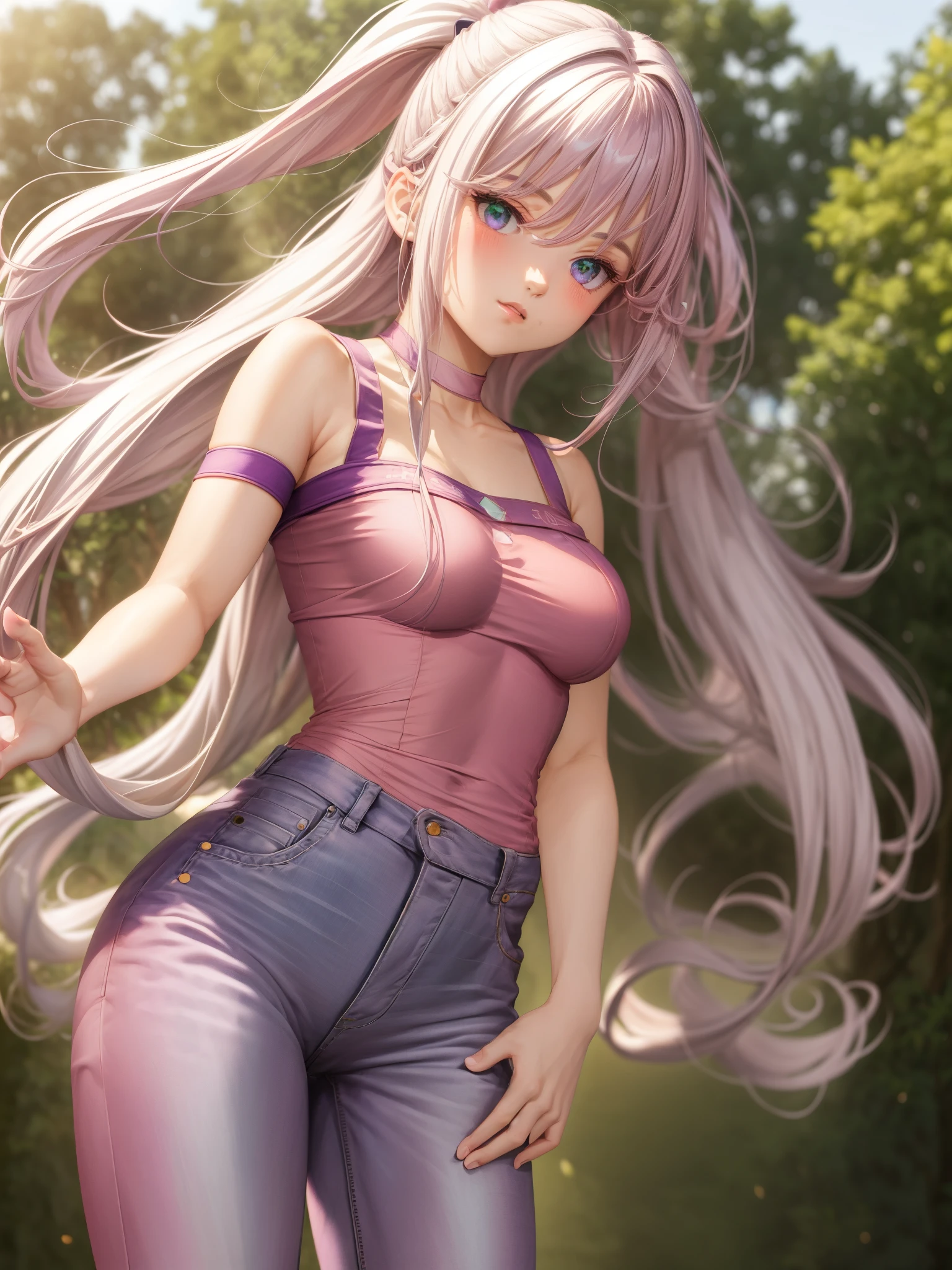 masterpiece, best quality, highres, 1girl, long hair, purple hair, long hair, green eyes, white t shirt, jeans, tucked in, loose, huge breasts, slim waist, ((blush)), upper body, close up, anime style, standing, fully clothed, outdoors, park, sunny, side view, sideboob