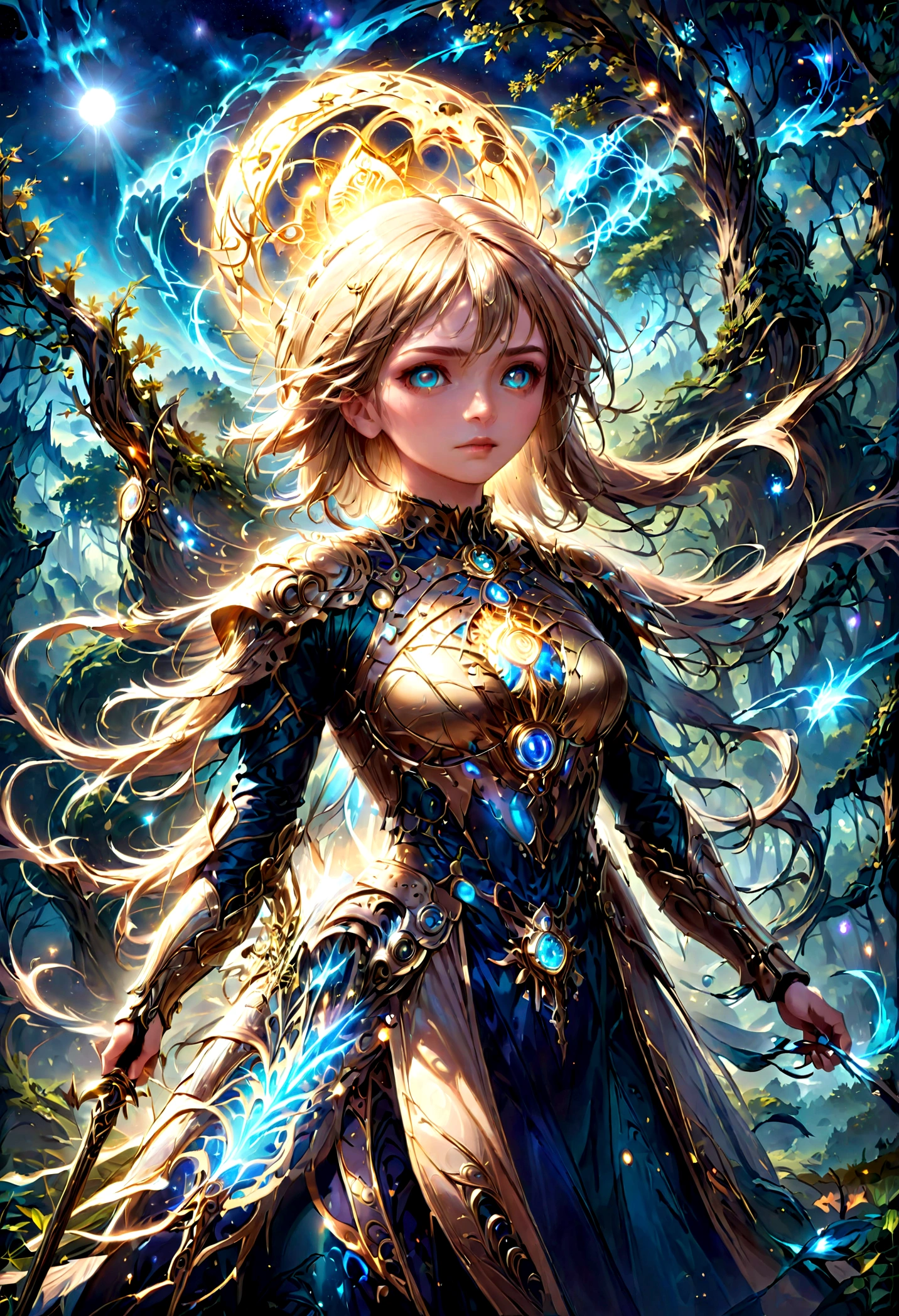high details, best quality, 16k, [ultra detailed], masterpiece, best quality, (extremely detailed), dynamic angle, ultra wide shot, photorealistic, ((fantasy art)), dnd art, rpg art, realistic art, female human druid of the stars, guardian of nature, controlling magical energy made of stars, swirling blue stary magical light, divine symbols, DruidMagicAI (1.5 intricate details, Masterpiece, best quality), human female,  extremally beautiful, ultra feminine, dynamic hair, dynamic hair color, wearing leather armor CM-Beautiful_armor, holding a staff, moon light, stars, dynamic natural background,  RPG art, magical atmosphere magic-fantasy-forest, ultra best realistic, best details, best quality, 16k, [ultra detailed], masterpiece, best quality, (extremely detailed), ultra wide shot, photorealism, depth of field, hyper realistic painting, aetherpunkai, ArmoredDress