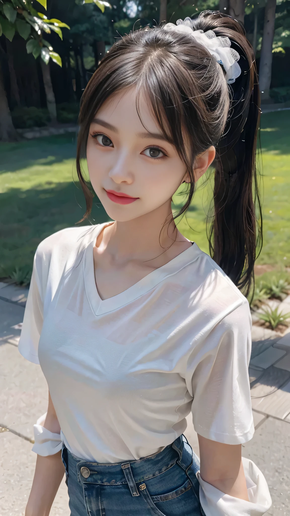 T-shirts,jeans,outdoors,Urban Park,On the lawn,Close up face,One woman,masutepiece, The highest image quality, High quality, the background is clear,Beautiful woman, Japanese,Ultra-detailed, finely detail, hight resolution, 8K Wallpaper, Perfect dynamic composition, Beautiful detailed eyes , Detailed, Detailed eyes, Detailed skin, Beautiful skin, 超hight resolution, (reality: 1.4),Very beautiful woman, Slightly younger face, Beautiful skin, slender, (Ultra photo realsisim), (hight resolution), (8K), (Very detailed) (beautifully detailed eyes), (super detailed), (Detailed face), view the viewer, Fine details, Detailed face, Staring straight ahead, Staring straight ahead, photos realistic, Bright lighting, Professional Lighting, Black hair,poneyTail,a baby face,fourteen years old,Hairstyle: ponytail,Long ponytail hairstyle,slight smile,neat and tidy clothing,Beautiful Japanese KPOP idol photo, hair style is ponytail, my eyes are double and wide, baby face, smile and look straight ahead, slender, small breasts,Close up face,