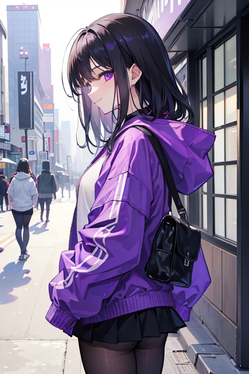 ((masterpiece, highest quality)), (One Woman), (alone), (Focus on women), (Black Hair), (Medium Hair), (Purple Windbreaker),(Black Skirt), (mature), (23 years old), (Look at me from the side),(pantyhose), (nice), (Shinjuku City), (Morning Glow), Smiling faintly, Please lower your eyebrows,