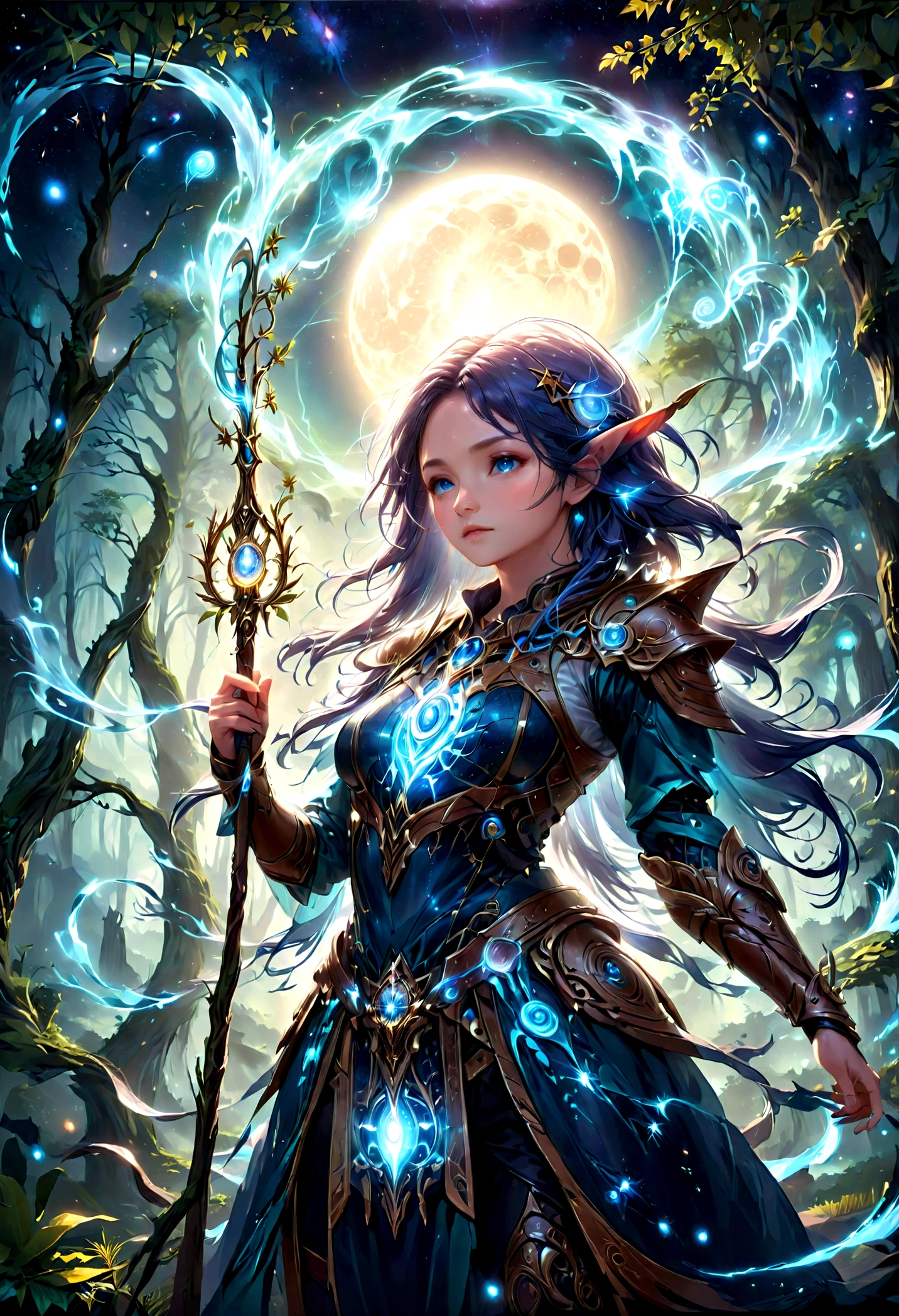 high details, best quality, 16k, [ultra detailed], masterpiece, best quality, (extremely detailed), dynamic angle, ultra wide shot, photorealistic, ((fantasy art)), dnd art, rpg art, realistic art, female human druid of the stars, guardian of nature, controlling magical energy made of stars, swirling blue stary magical light, divine symbols, DruidMagicAI (1.5 intricate details, Masterpiece, best quality), human female,  extremally beautiful, ultra feminine, dynamic hair, dynamic hair color, wearing leather armor CM-Beautiful_armor, holding a staff, moon light, stars, dynamic natural background,  RPG art, magical atmosphere magic-fantasy-forest, ultra best realistic, best details, best quality, 16k, [ultra detailed], masterpiece, best quality, (extremely detailed), ultra wide shot, photorealism, depth of field, hyper realistic painting, aetherpunkai