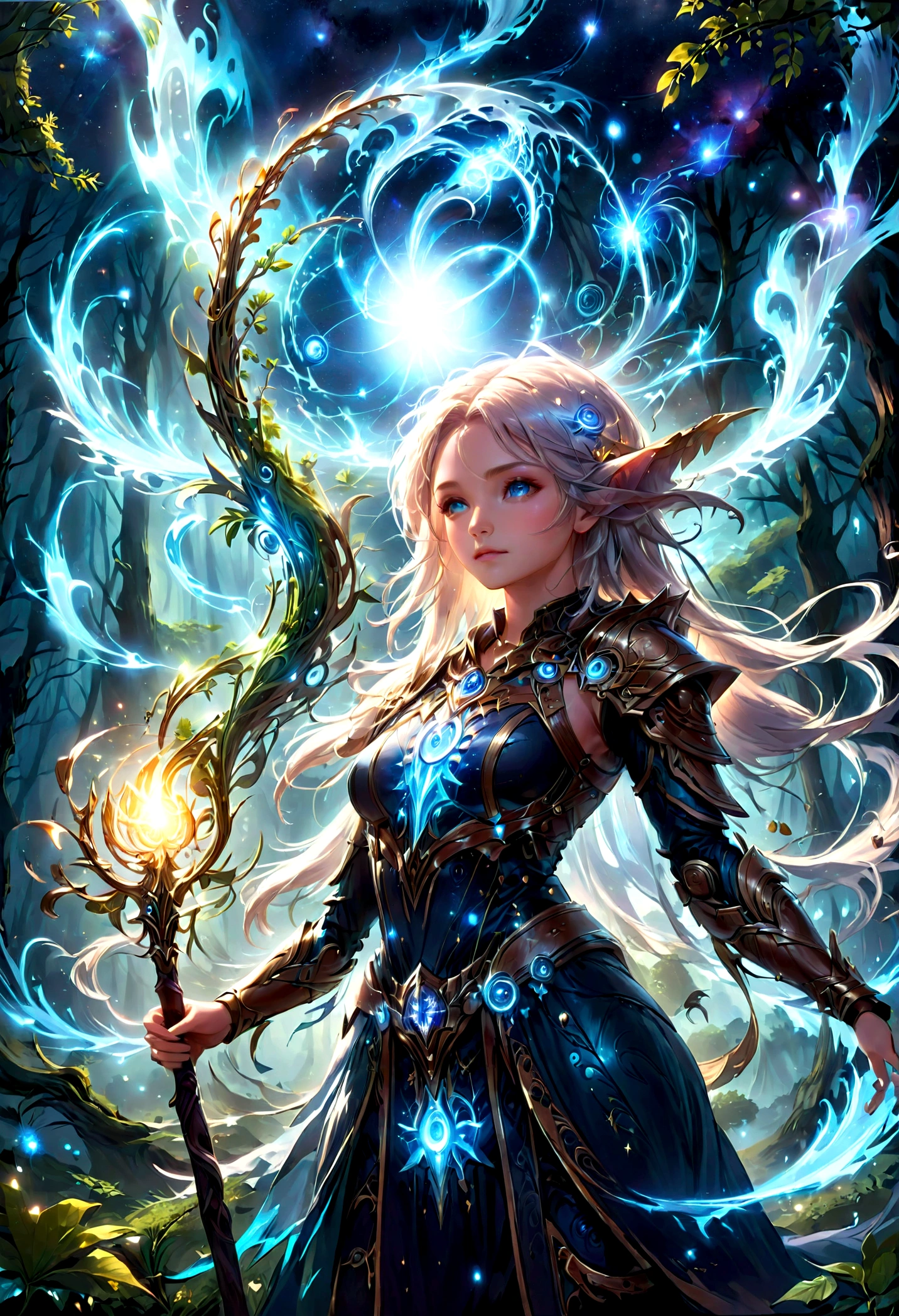 high details, best quality, 16k, [ultra detailed], masterpiece, best quality, (extremely detailed), dynamic angle, ultra wide shot, photorealistic, ((fantasy art)), dnd art, rpg art, realistic art, female human druid of the stars, guardian of nature, controlling magical energy made of stars, swirling blue stary magical light, divine symbols, DruidMagicAI (1.5 intricate details, Masterpiece, best quality), human female,  extremally beautiful, ultra feminine, dynamic hair, dynamic hair color, wearing leather armor CM-Beautiful_armor, holding a staff, moon light, stars, dynamic natural background,  RPG art, magical atmosphere magic-fantasy-forest, ultra best realistic, best details, best quality, 16k, [ultra detailed], masterpiece, best quality, (extremely detailed), ultra wide shot, photorealism, depth of field, hyper realistic painting, aetherpunkai