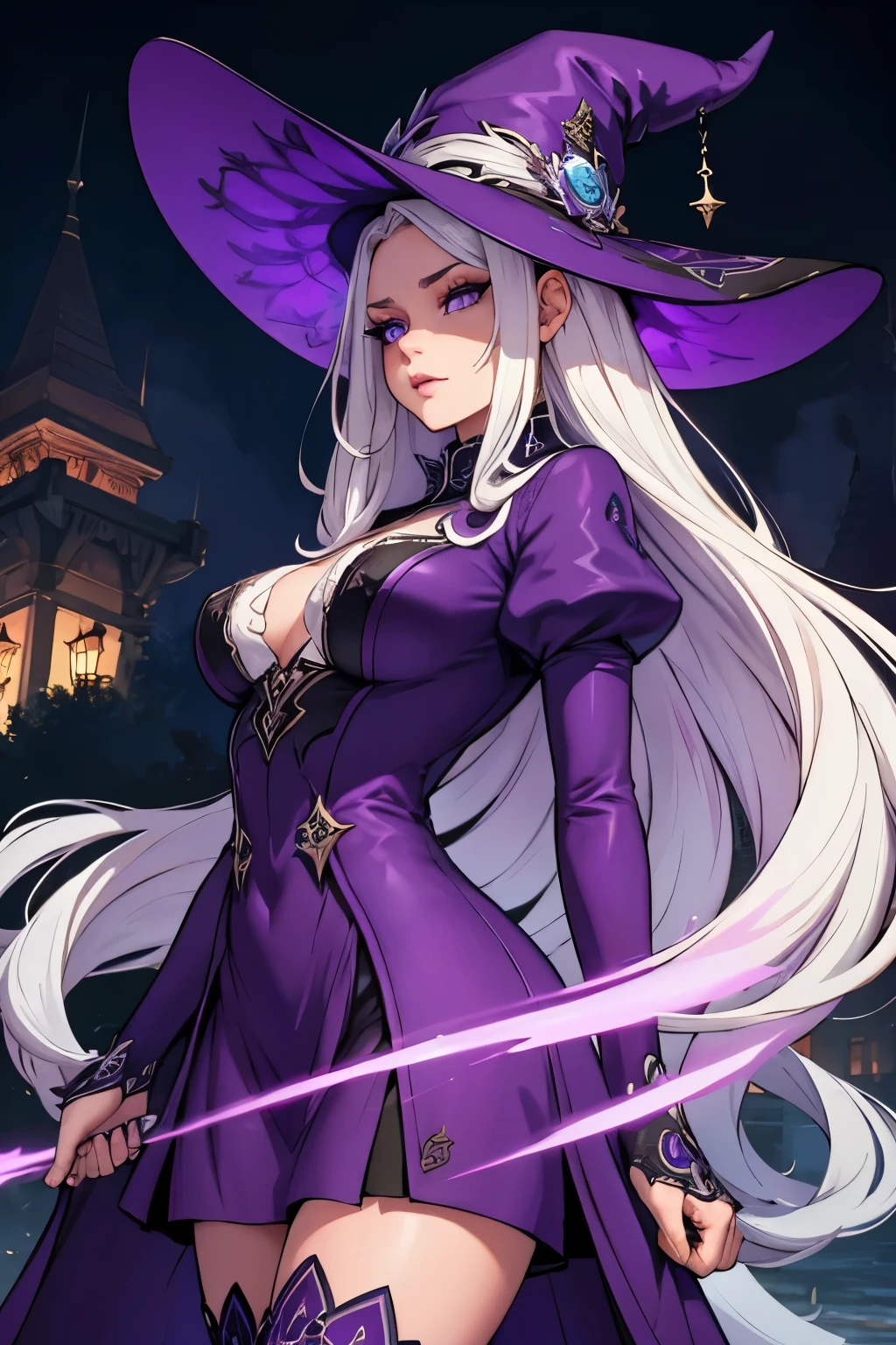 long white hair bezutiful witch, purple outfit with high boots and hat, castle, confident, dominant queen, elegant, 1girl, detailed face, beautiful detailed eyes, beautiful detailed lips, extremely detailed eyes and face, long eyelashes, intricate detailed dress, high quality, 8k, detailed, photorealistic, hyper detailed, cinematic lighting, moody lighting, fantasy, vibrant colors, deep purple