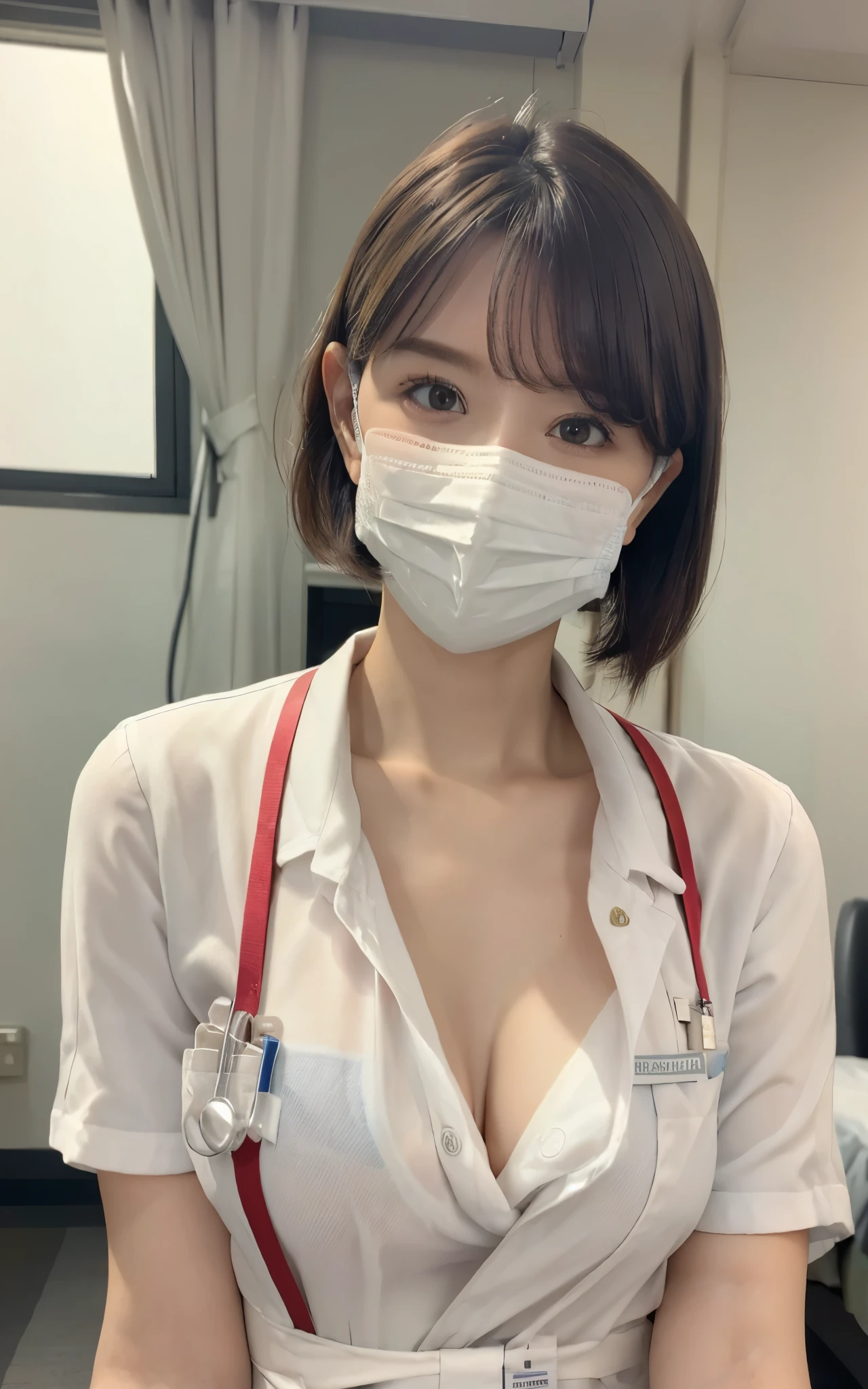 1 girl,(Wearing white nurse clothes:1.2),(RAW photo, highest quality), (realistic, photo-realistic:1.4, masterpiece, very delicate and beautiful, very detailed, 2k wallpaper, very detailed CG unity 8k wallpaper, Super detailed, High resolution), soft light, beautiful detailed girl, very detailed eyes and face, beautifully detailed nose, finely beautiful eyes, nurse, perfect anatomy, black hair, low ponytail style, ((white nurse uniform, mask)), thin, hospital, hospital room, auscultation of the neck,bob cut