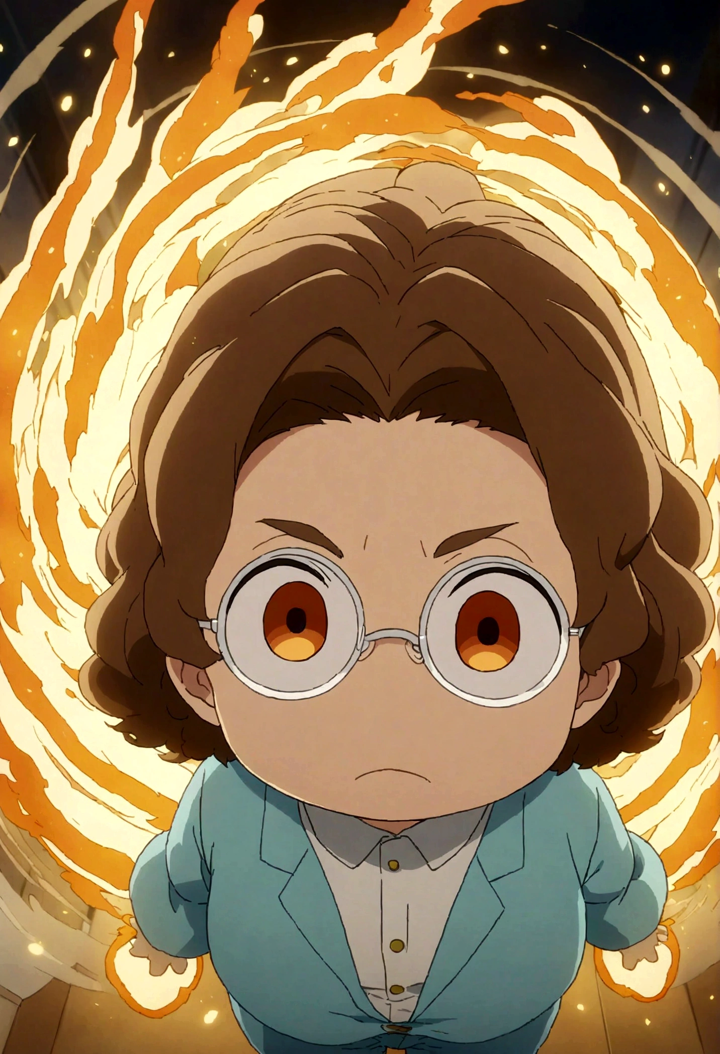 ((anime)),((highest quality)), ((masterpiece)), (detailed), One man, Round droopy eyes,Good energy,cute,Brown Hair,Round Glasses,anime,2dimension,Center Parting,Orange Eyes,Wearing a light blue jumpsuit