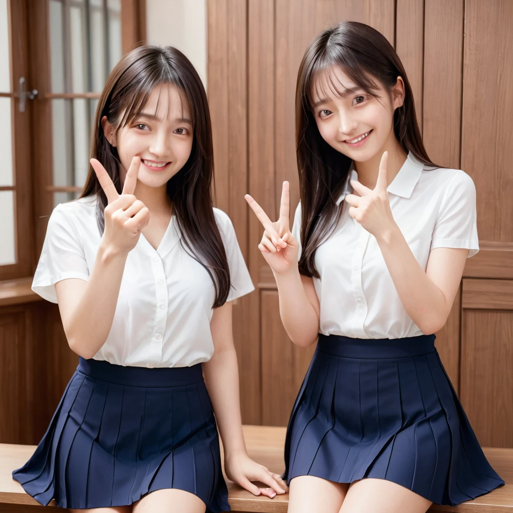 A confident smile, Making a peace sign,two students demonstrating a gesture commonly associated with a peace sign while speaking by tele食事, skirt, Black Hair, indoor, smartphone, shirt, ((((complete fiでe fingers))))