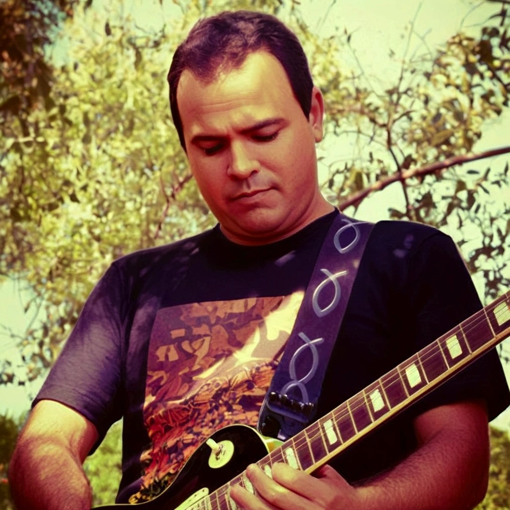 Create an image of a man in Disney Pixar style, a guitarist playing at a concert with a green Fender guitar.