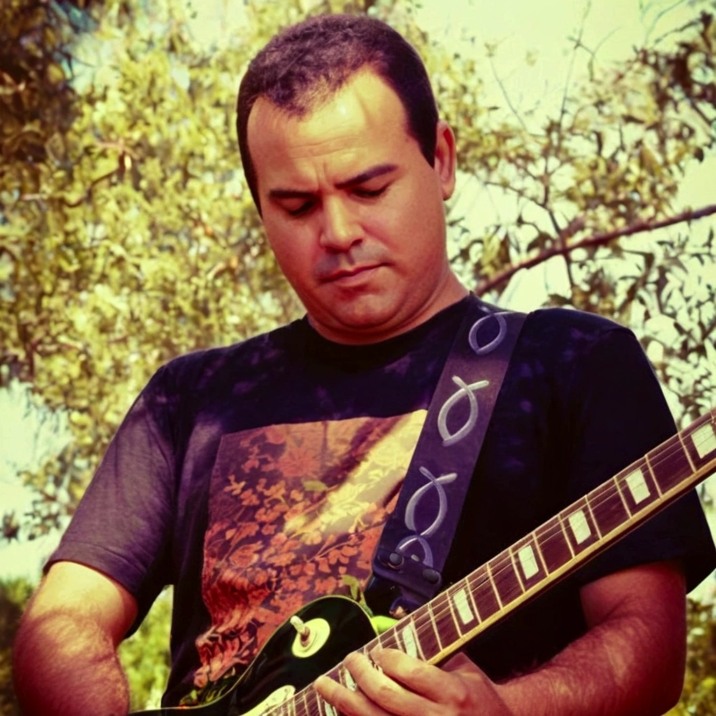Create an image of a man in Disney Pixar style, a guitarist playing at a concert with a green Fender guitar.